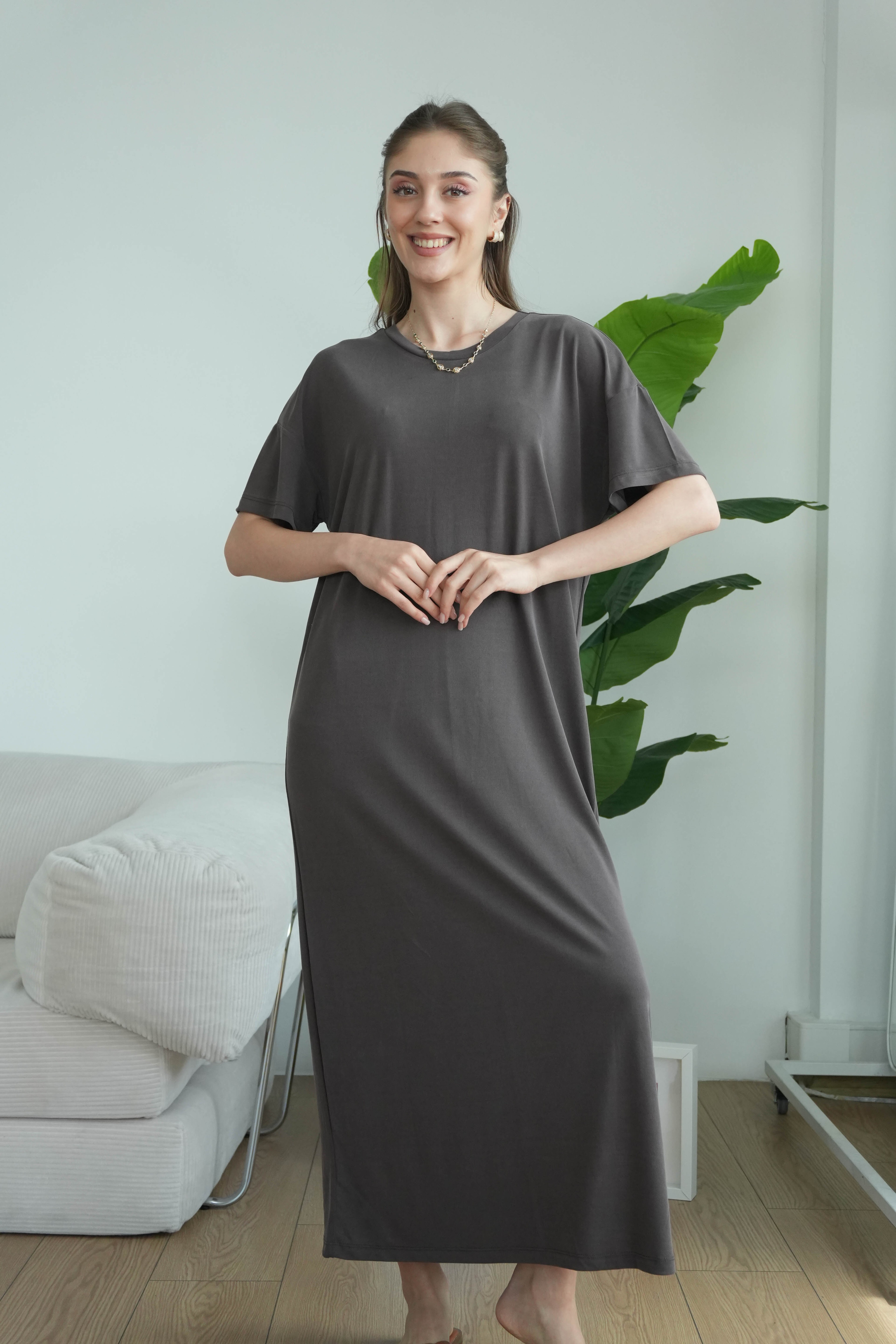 Modal Yırtmaçlı Günlük Elbise - Kahve