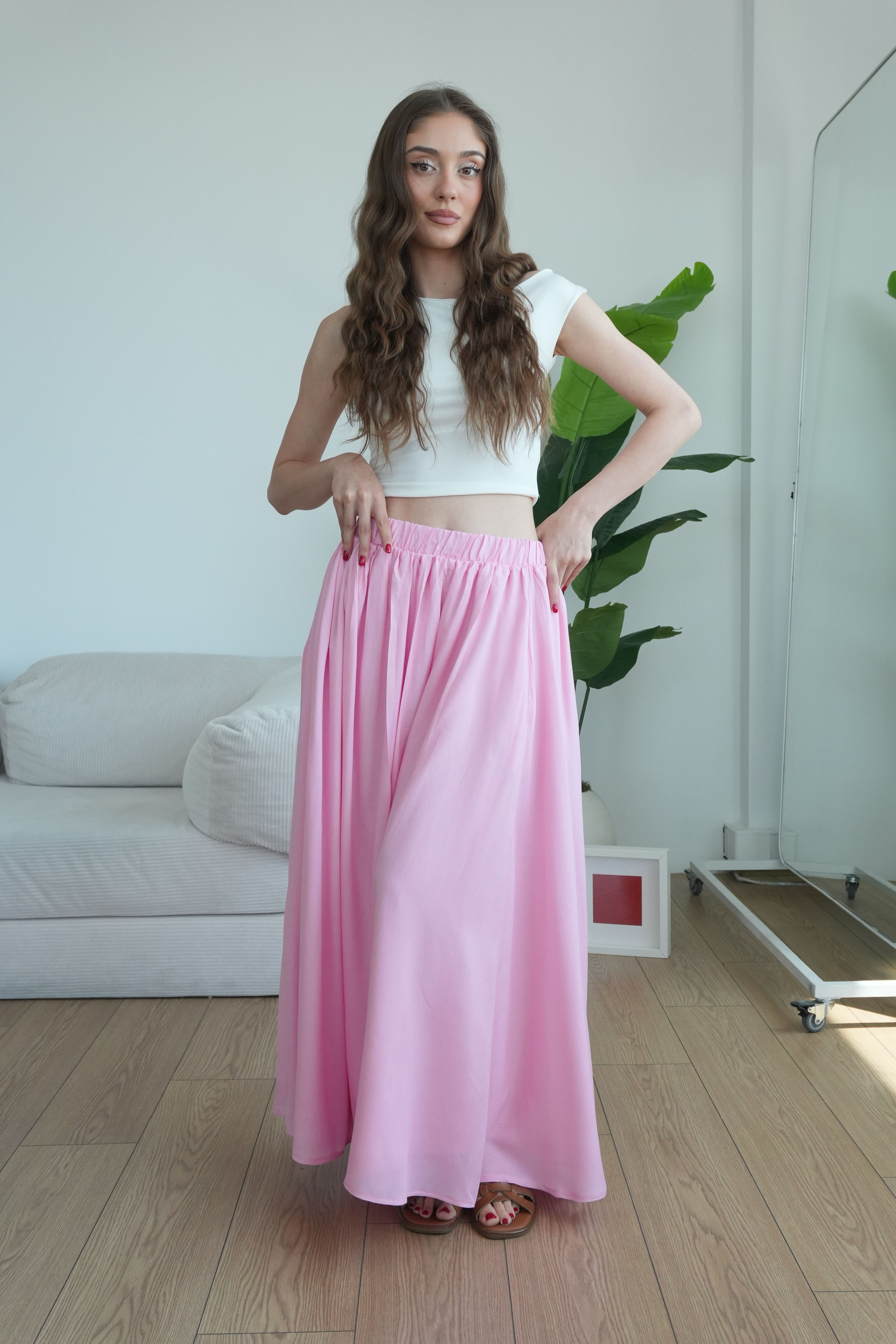 Rose Astarlı Dökümlü Pileli Etek - Pudra Pembe