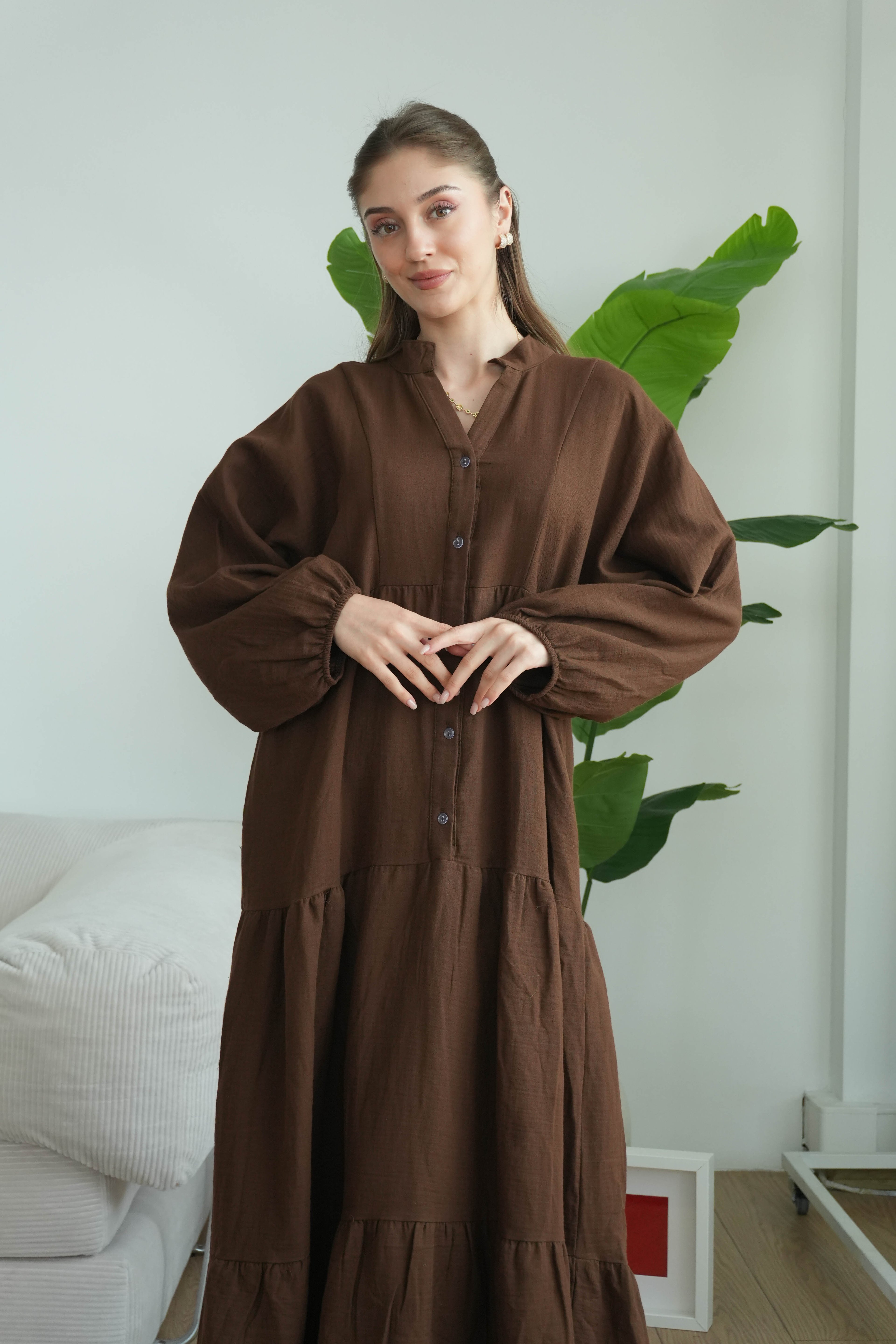 Müslin Oversize Uzun Elbise - Kahverengi
