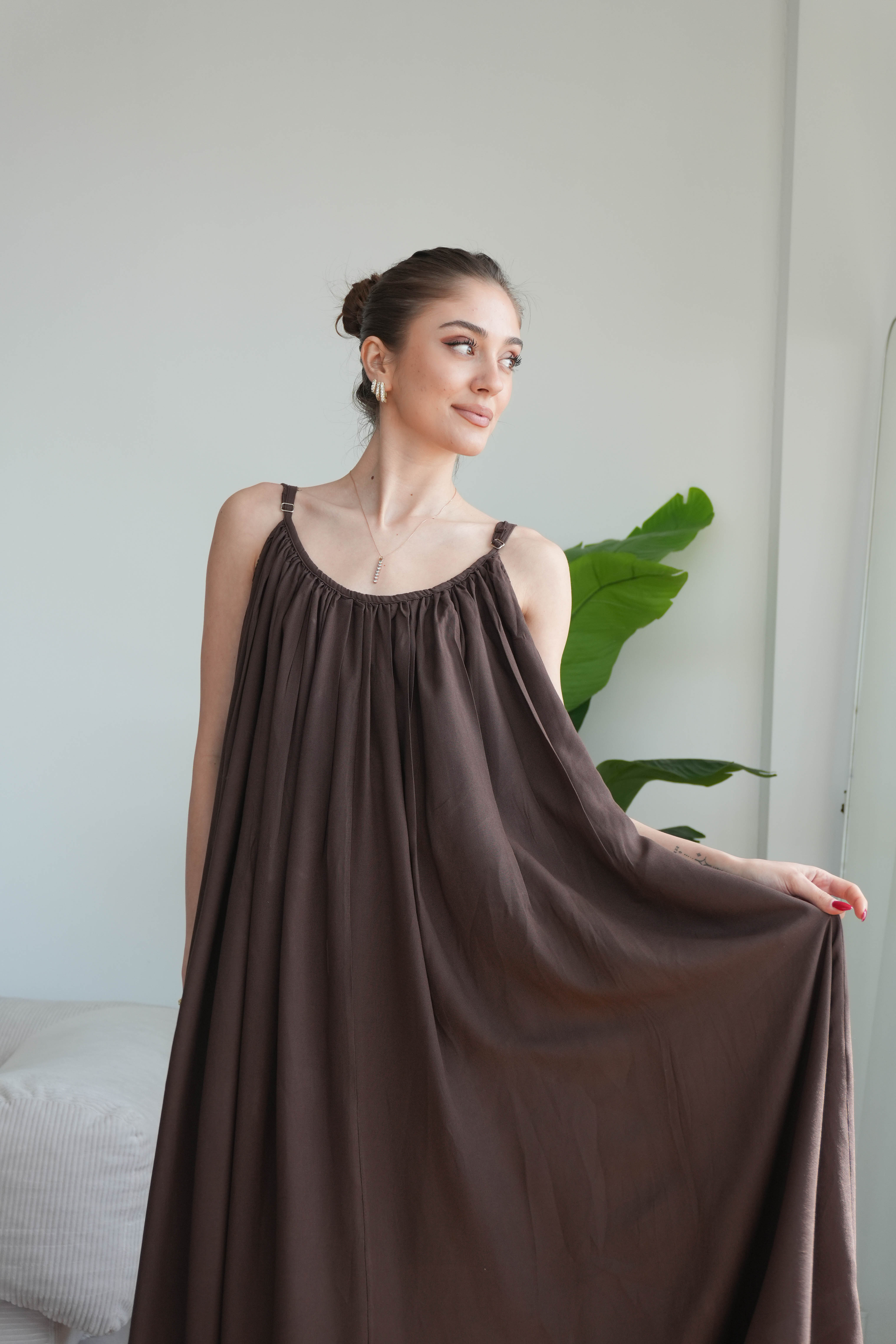 Virella Askılı Elbise  - Kahverengi