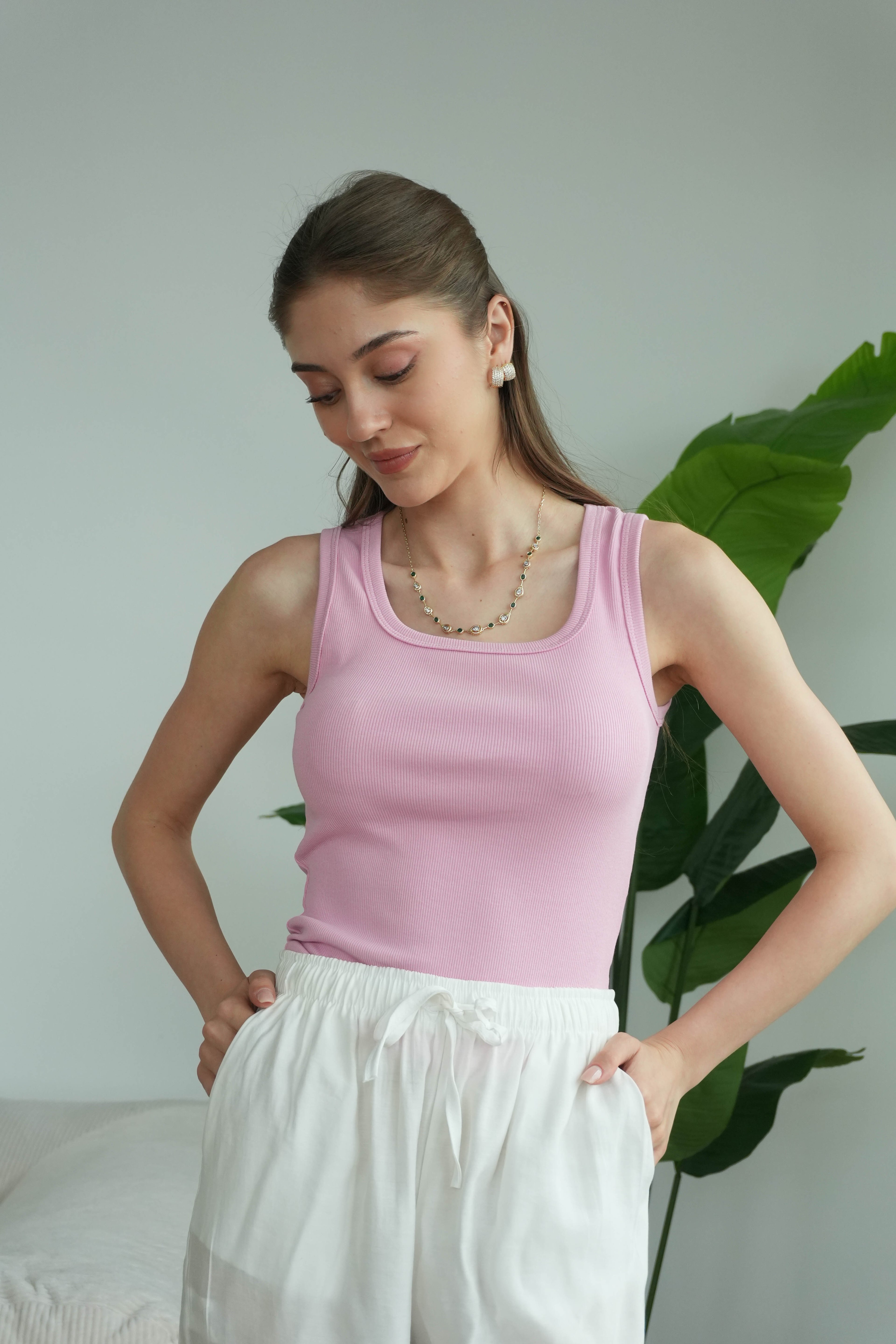 Sienna Kare Yaka Askılı Atlet - Pembe