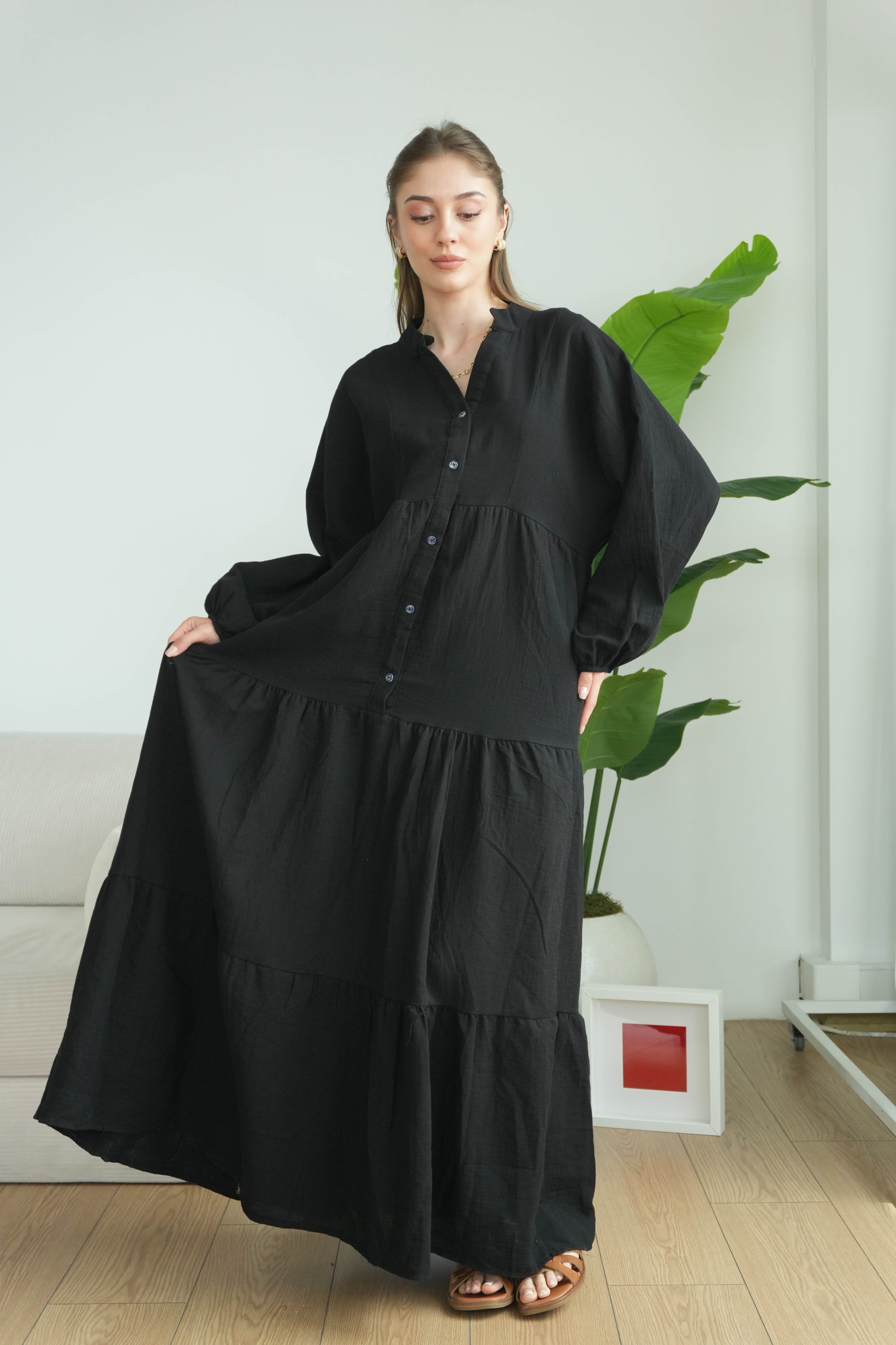 Müslin Oversize Uzun Elbise - Siyah