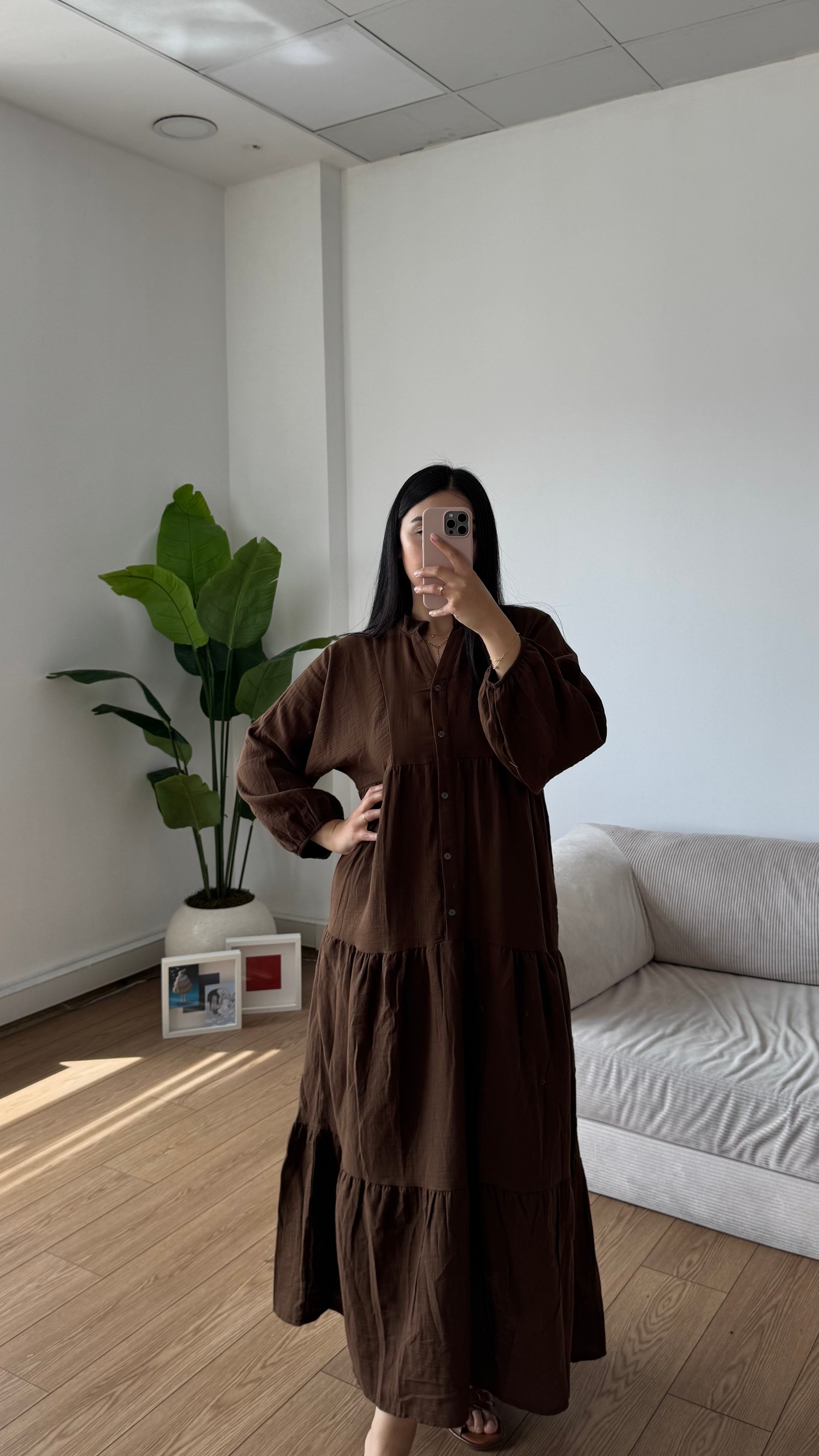 Müslin Oversize Uzun Elbise - Kahverengi