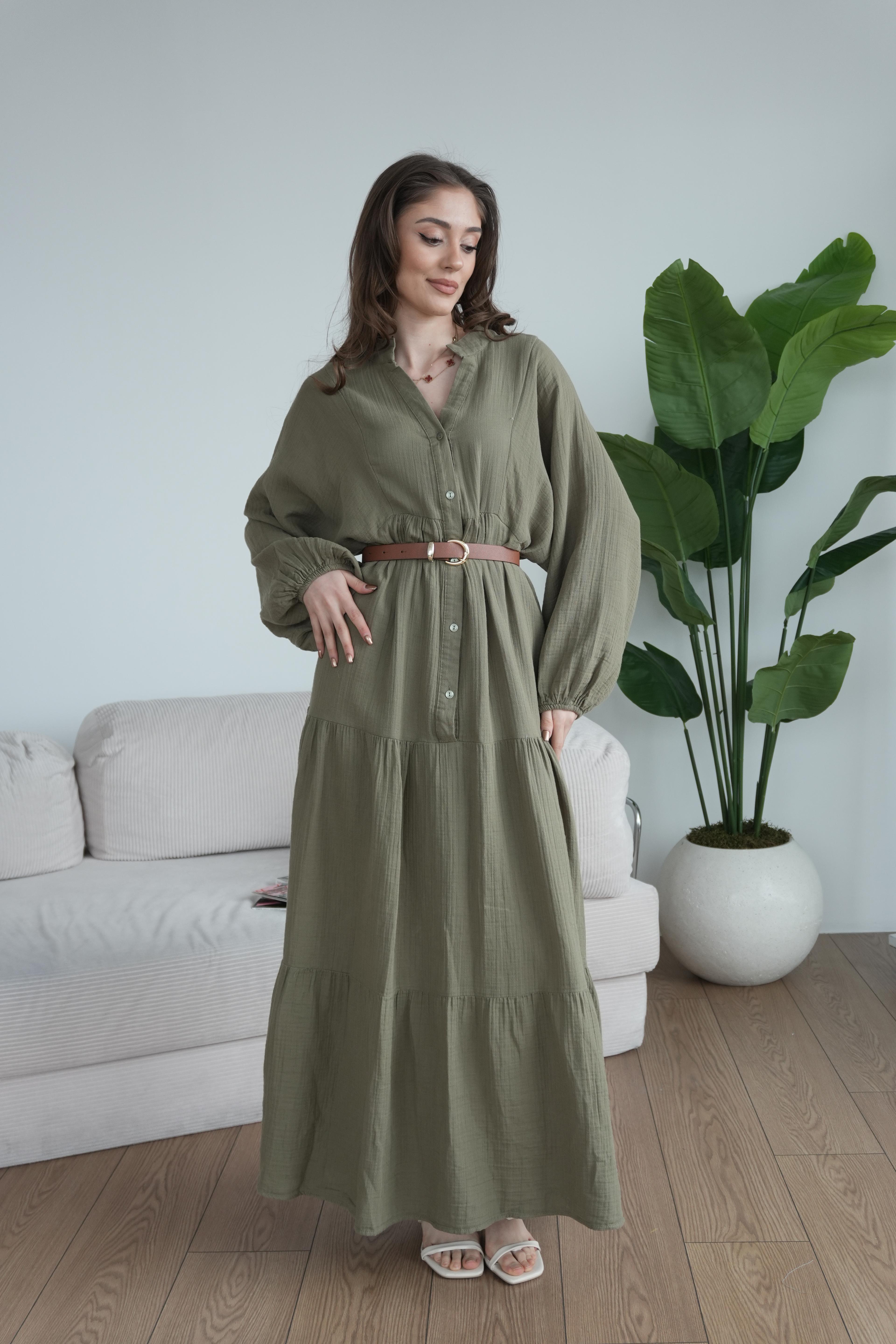 Müslin Oversize Uzun Elbise - Yeşil