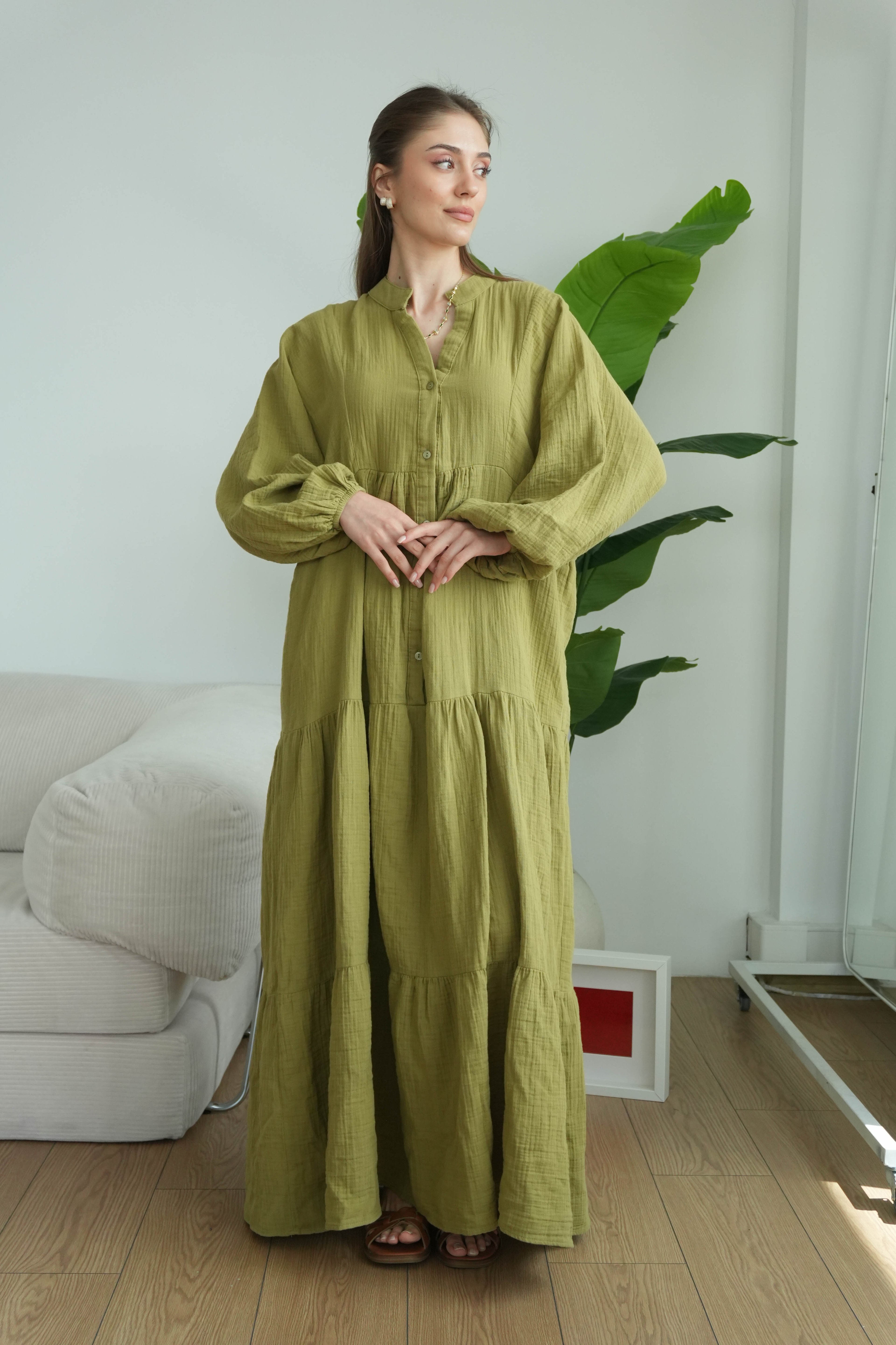 Müslin Oversize Uzun Elbise - Yağ Yeşili