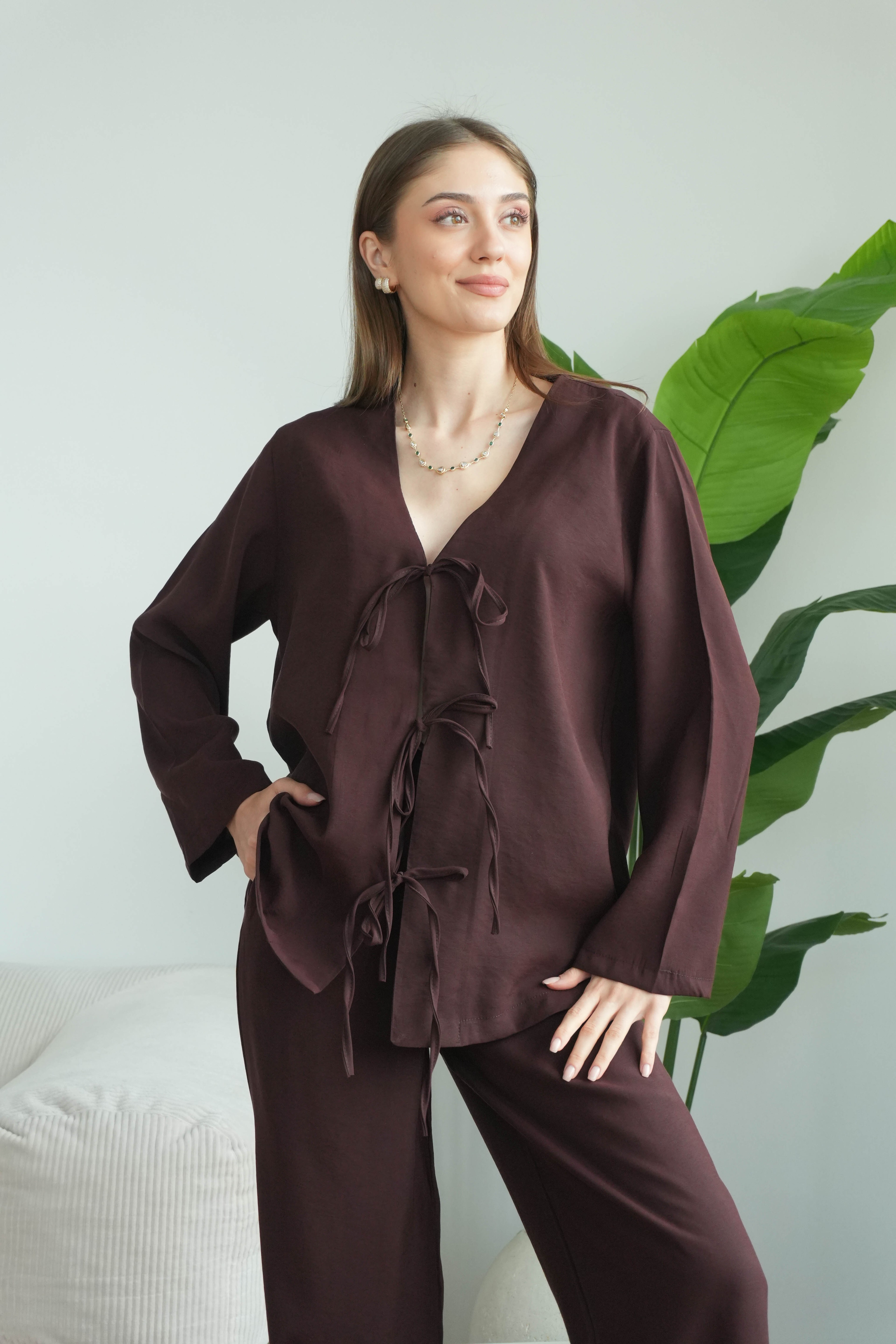 Lady Önü Bağcıklı Kimonolu Tensel Takım - Kahverengi