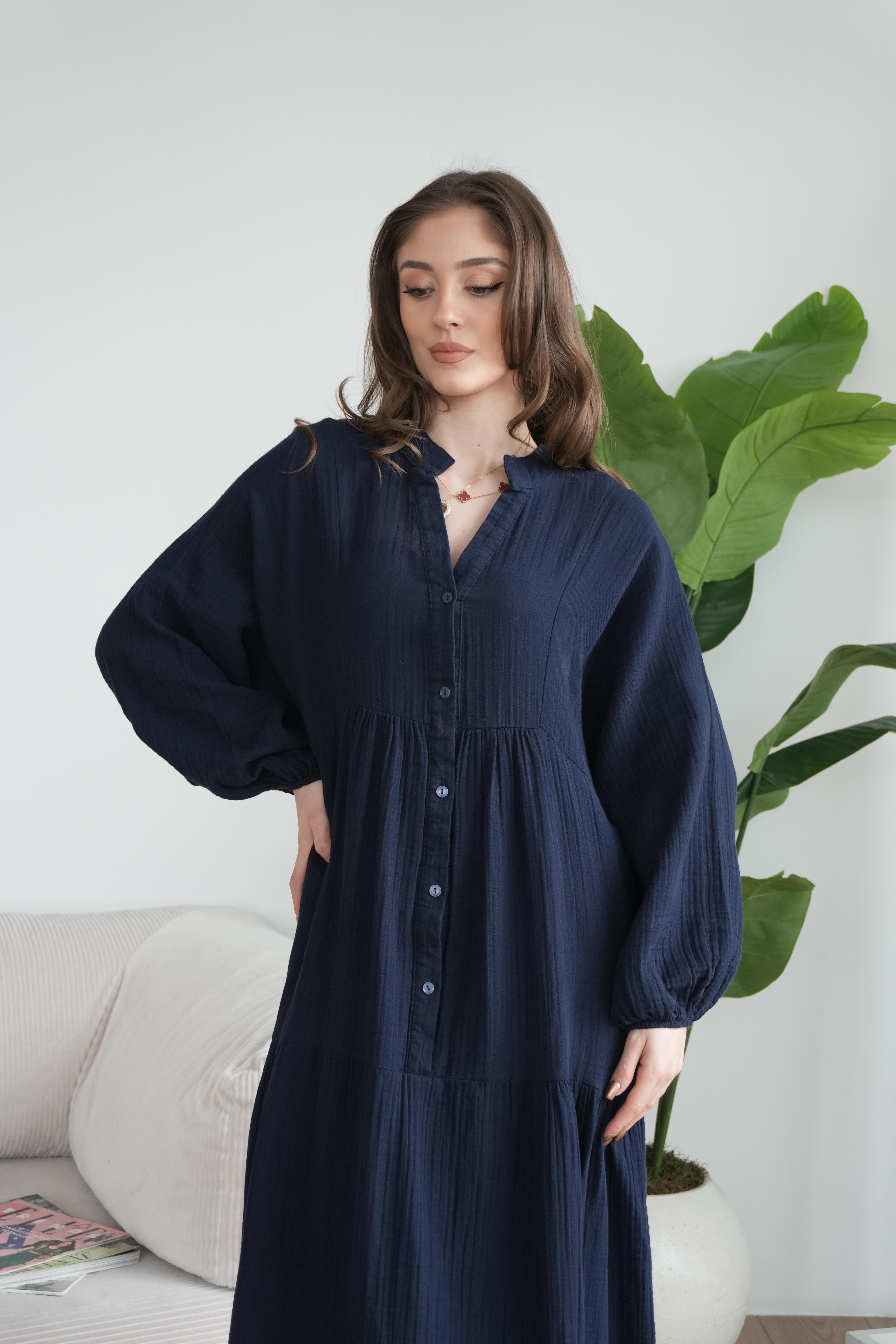 Müslin Oversize Uzun Elbise - Lacivert