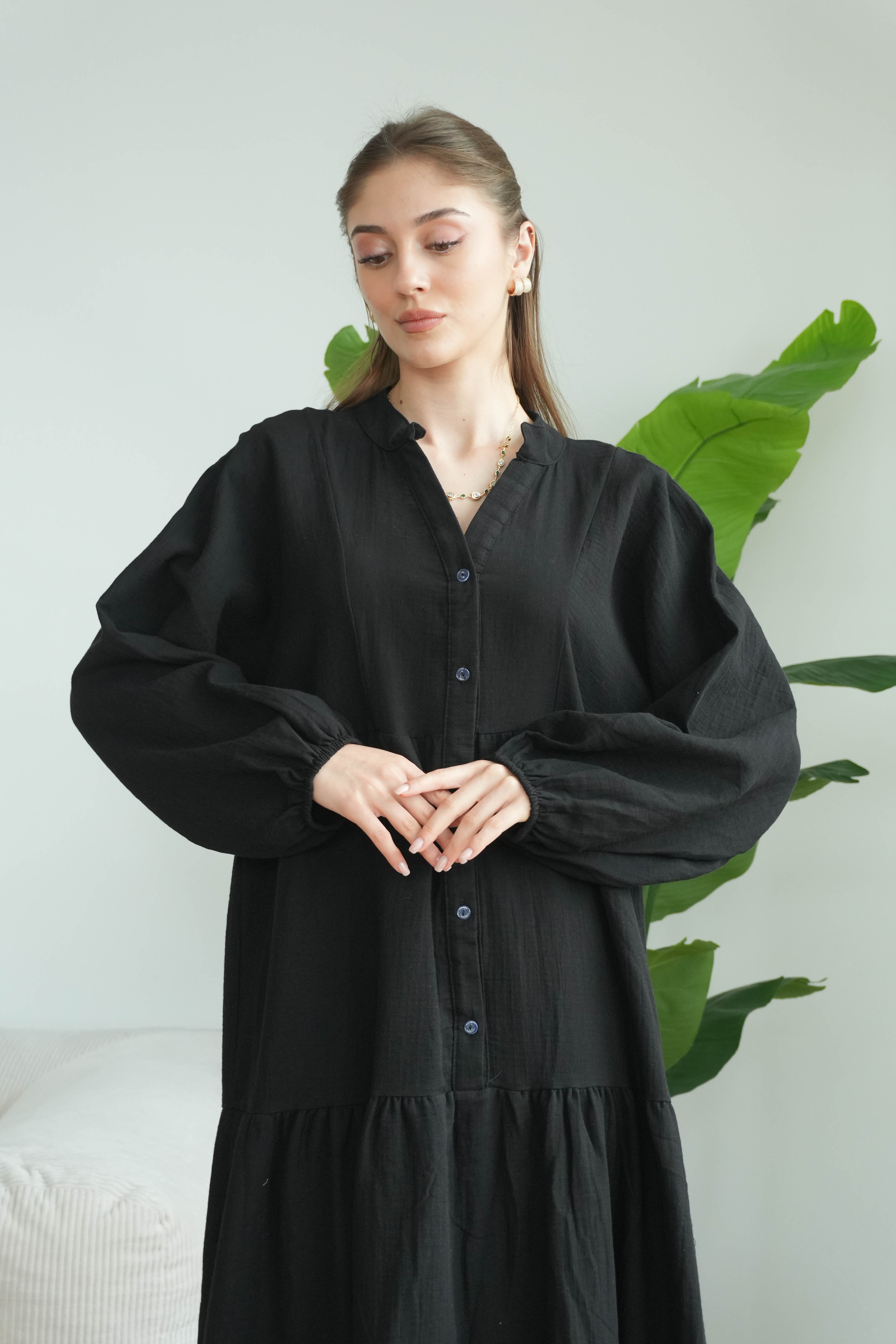 Müslin Oversize Uzun Elbise - Siyah