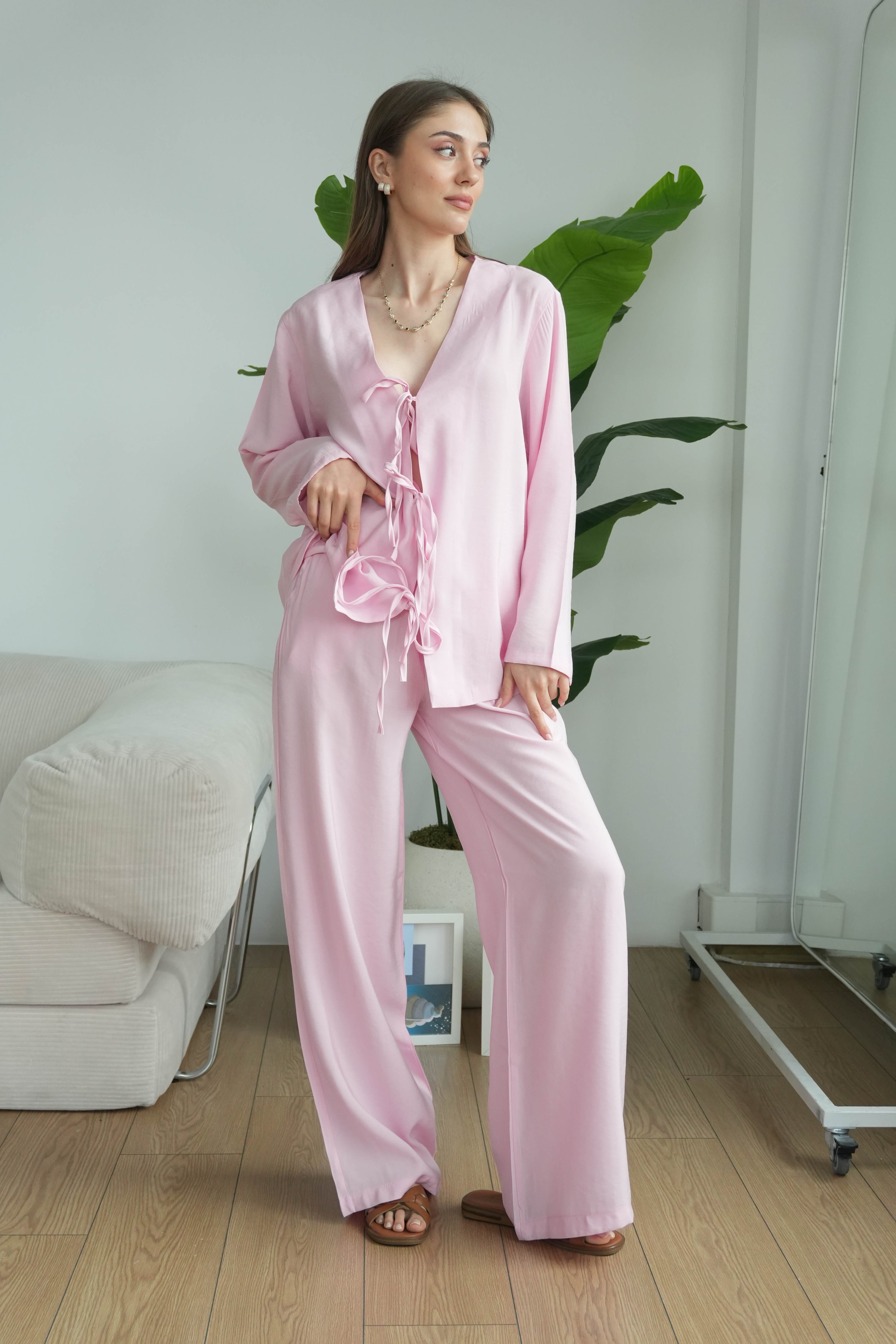 Lady Önü Bağcıklı Kimonolu Tensel Takım - Pudra Pembe