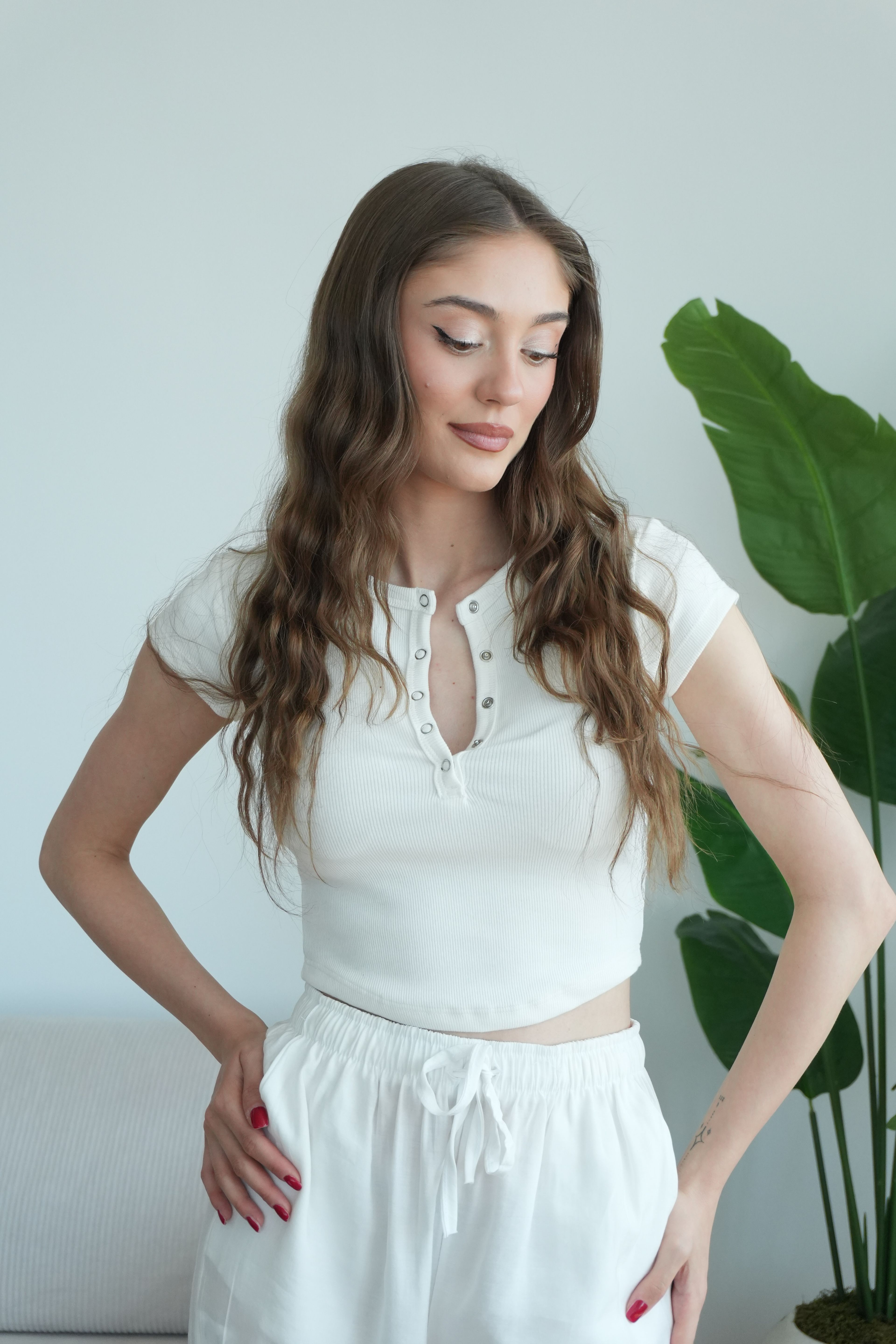 Merly Çıtçıtlı Fitilli Bluz - Beyaz