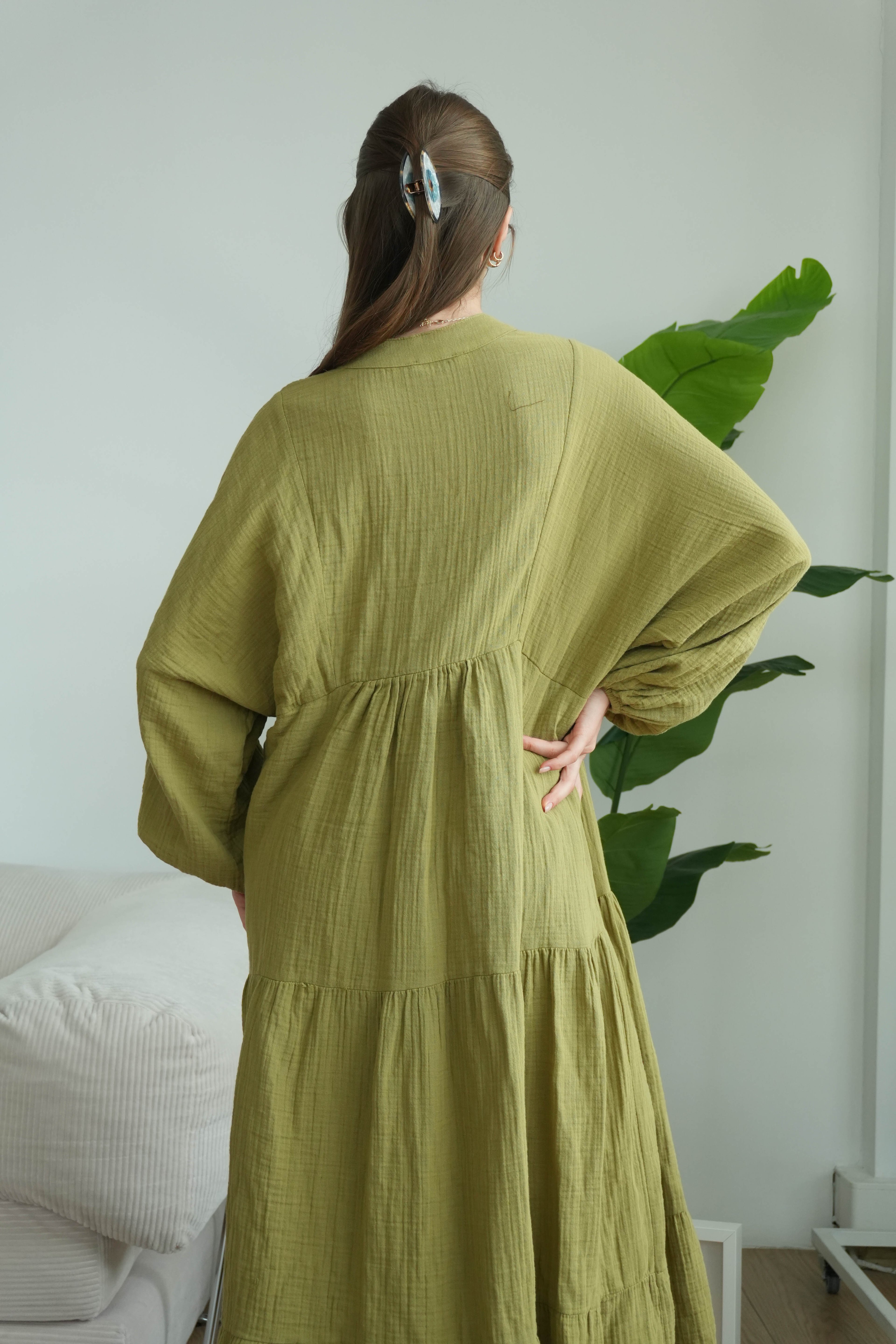 Müslin Oversize Uzun Elbise - Yağ Yeşili
