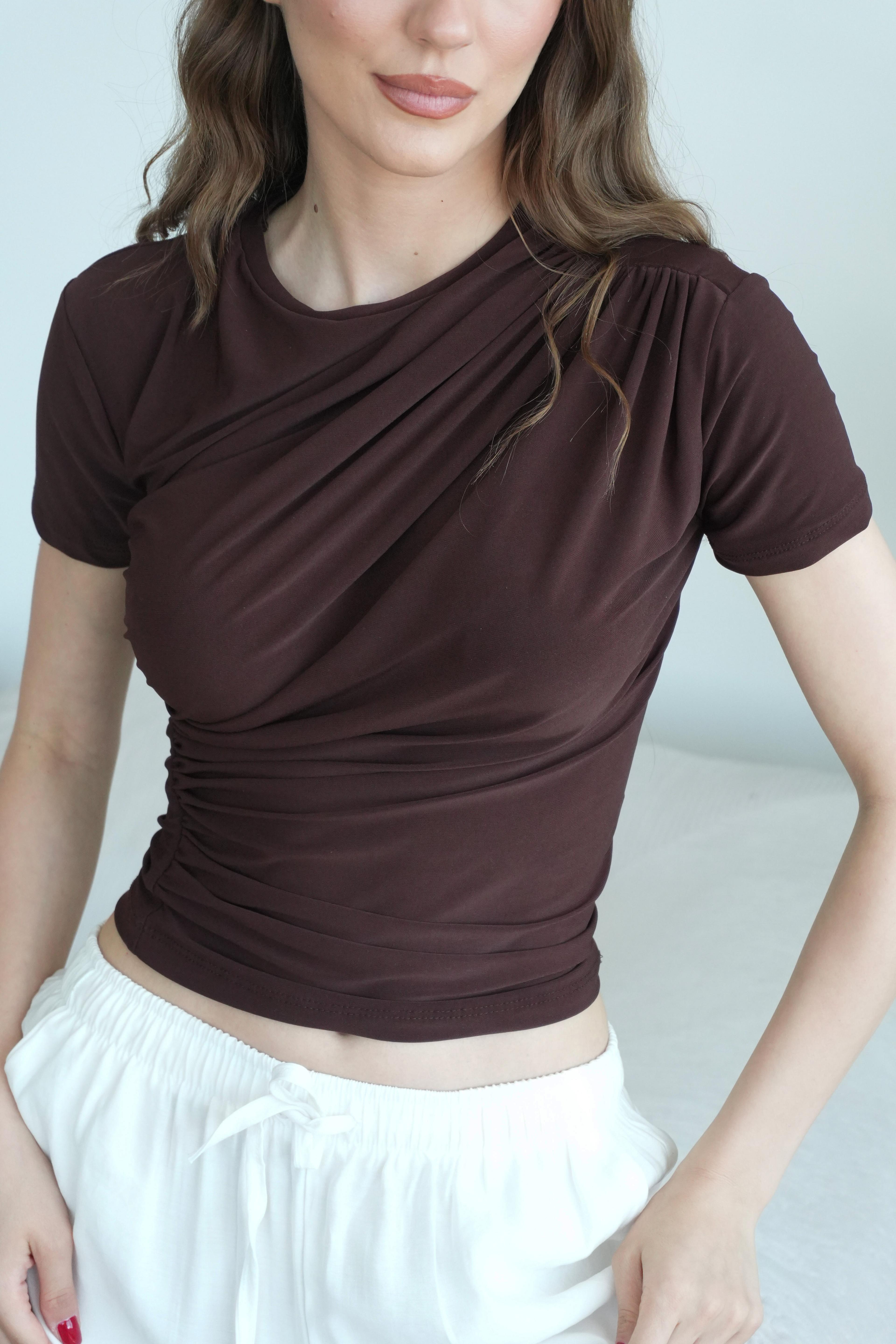 Vanessa Büzgü Detaylı Bluz - Kahverengi