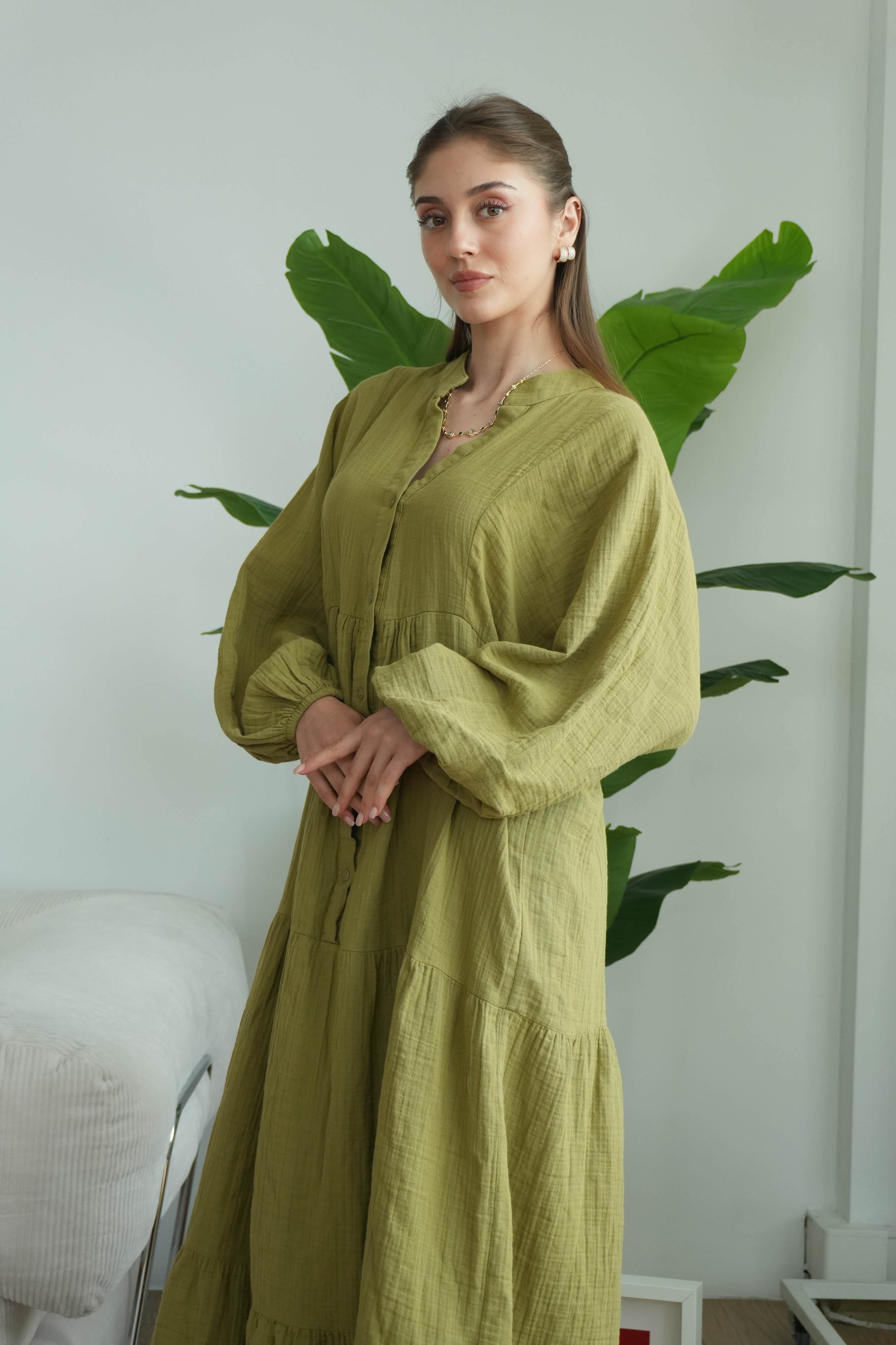 Müslin Oversize Uzun Elbise - Yağ Yeşili