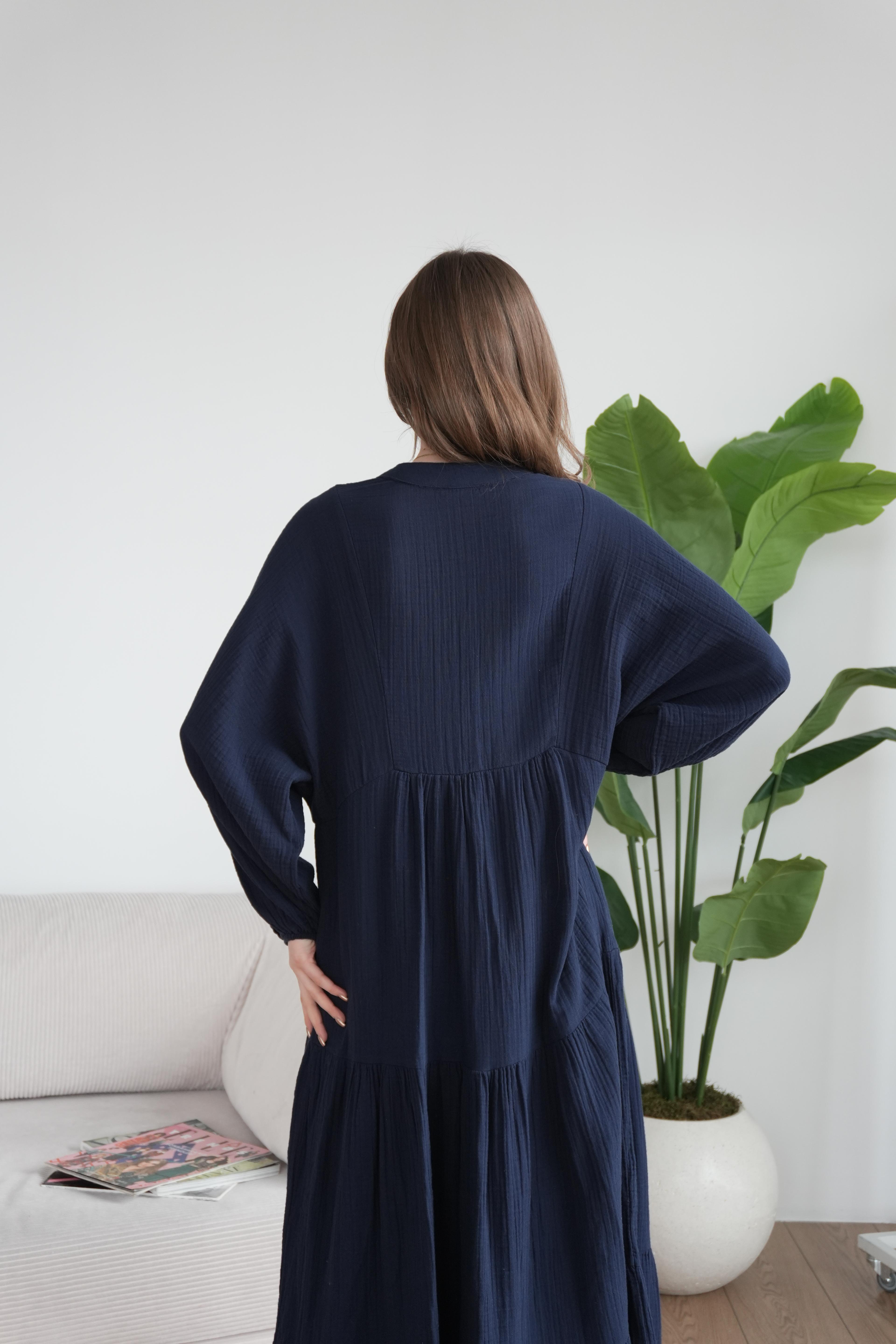 Müslin Oversize Uzun Elbise - Lacivert