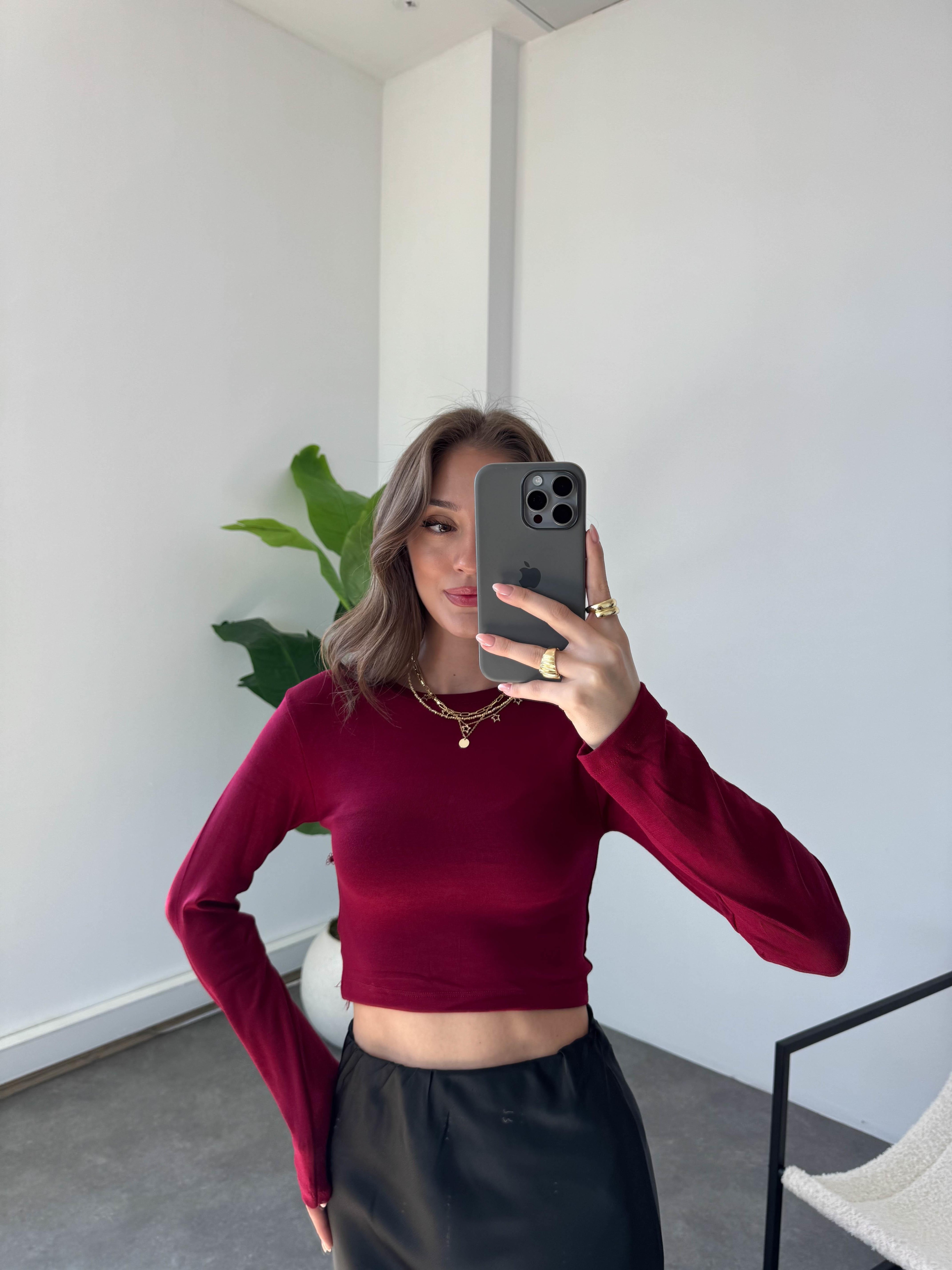 Oysh Bisiklet Yaka Crop - Bordo