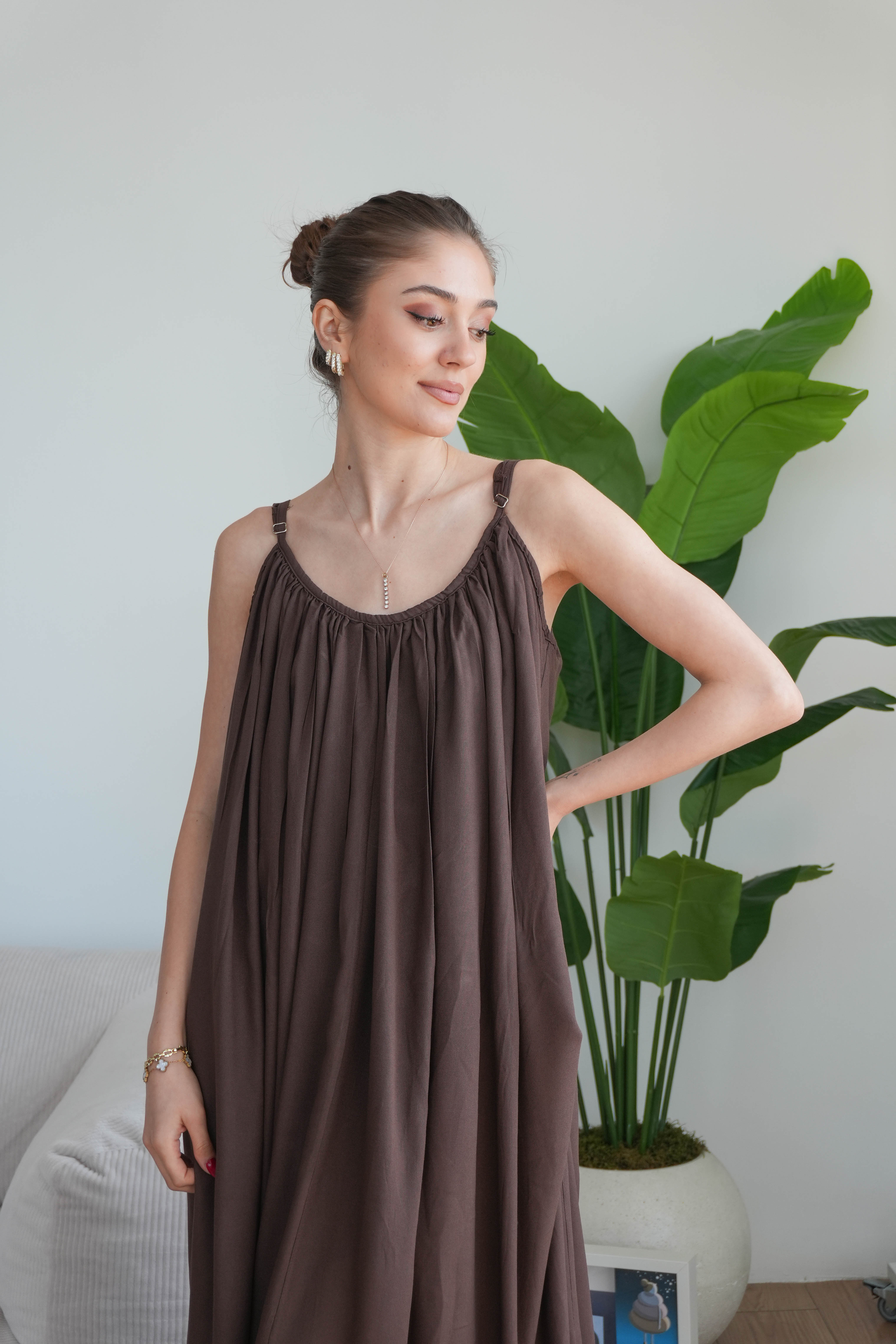 Virella Askılı Elbise  - Kahverengi