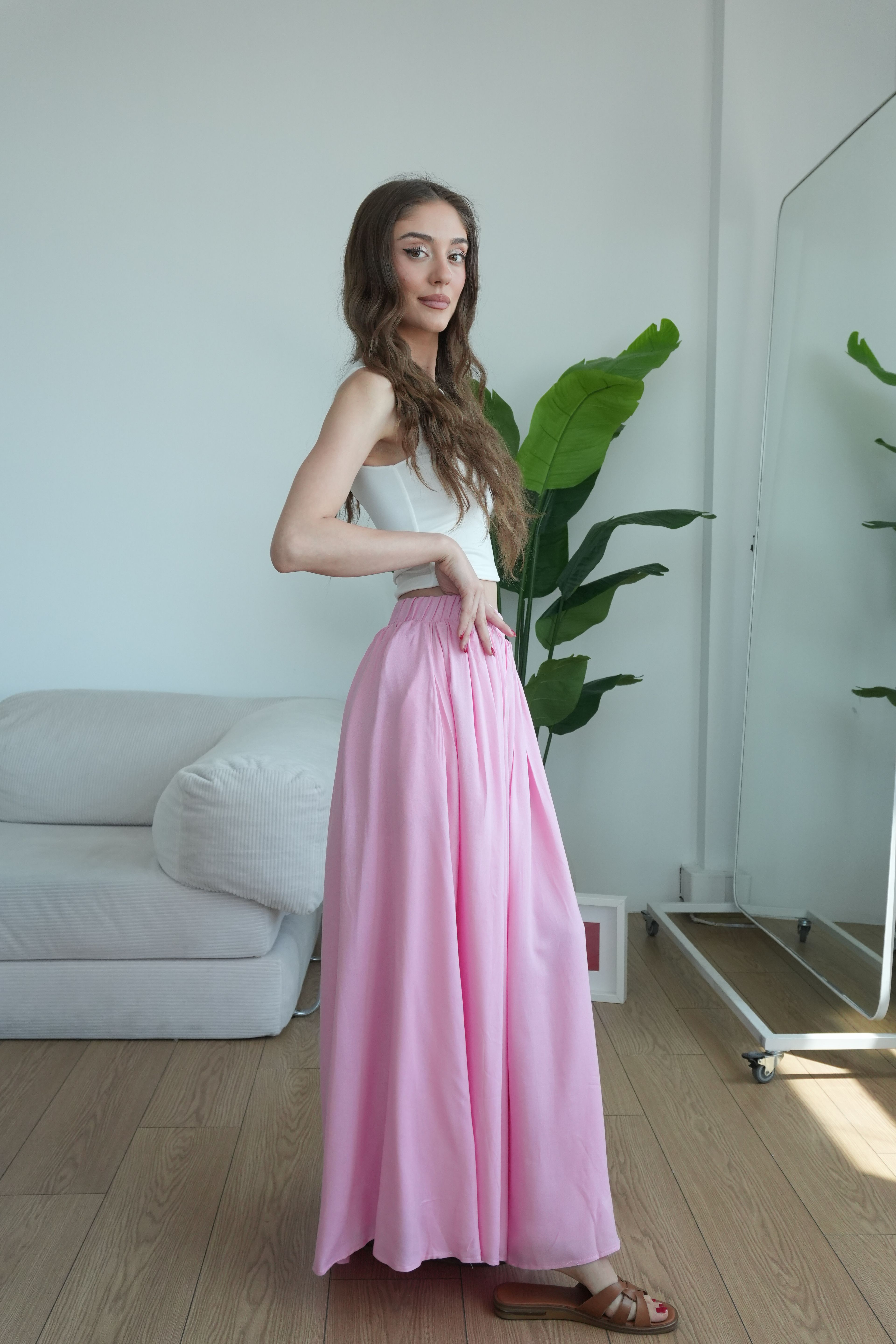 Rose Astarlı Dökümlü Pileli Etek - Pudra Pembe