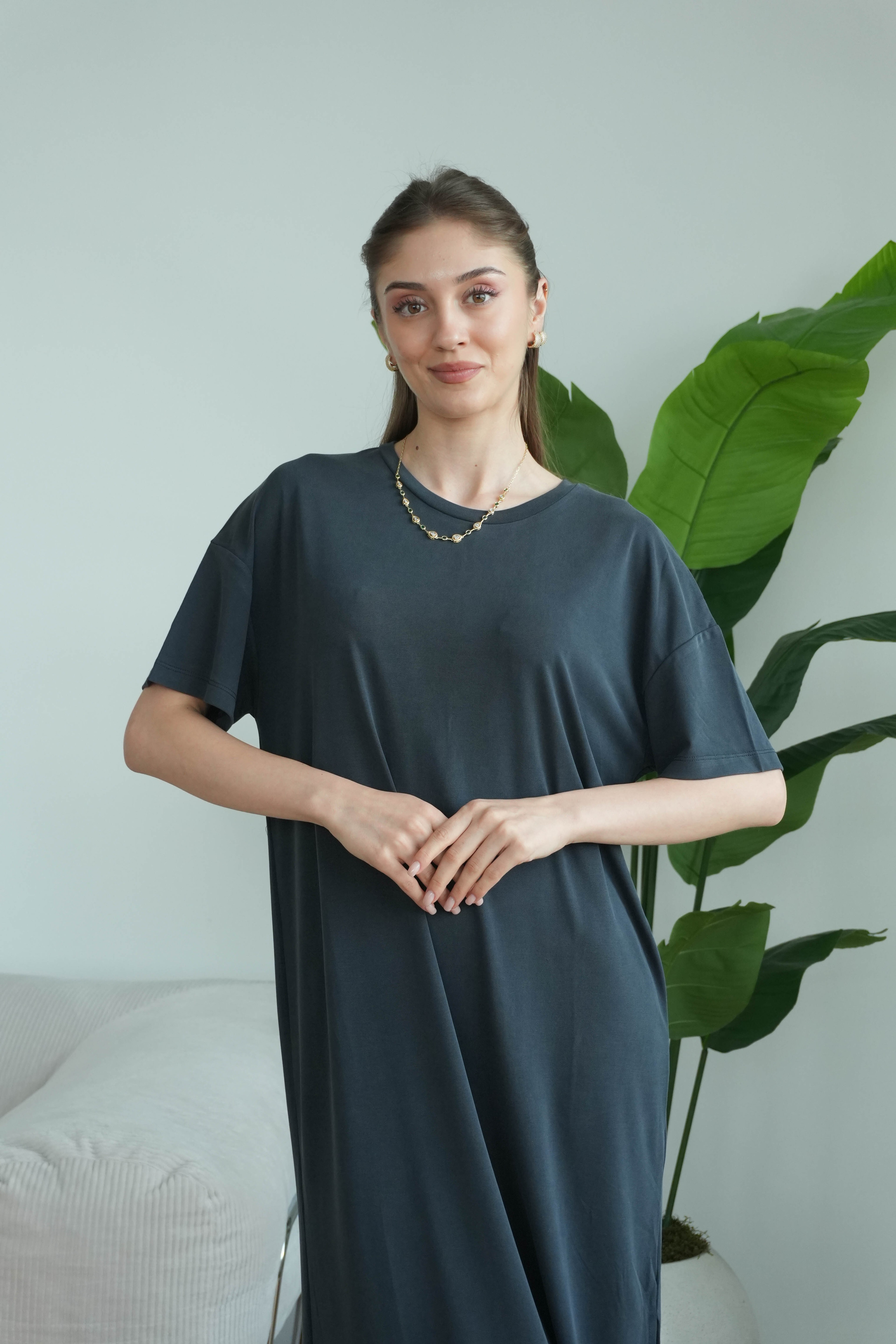 Modal Yırtmaçlı Günlük Elbise - Füme