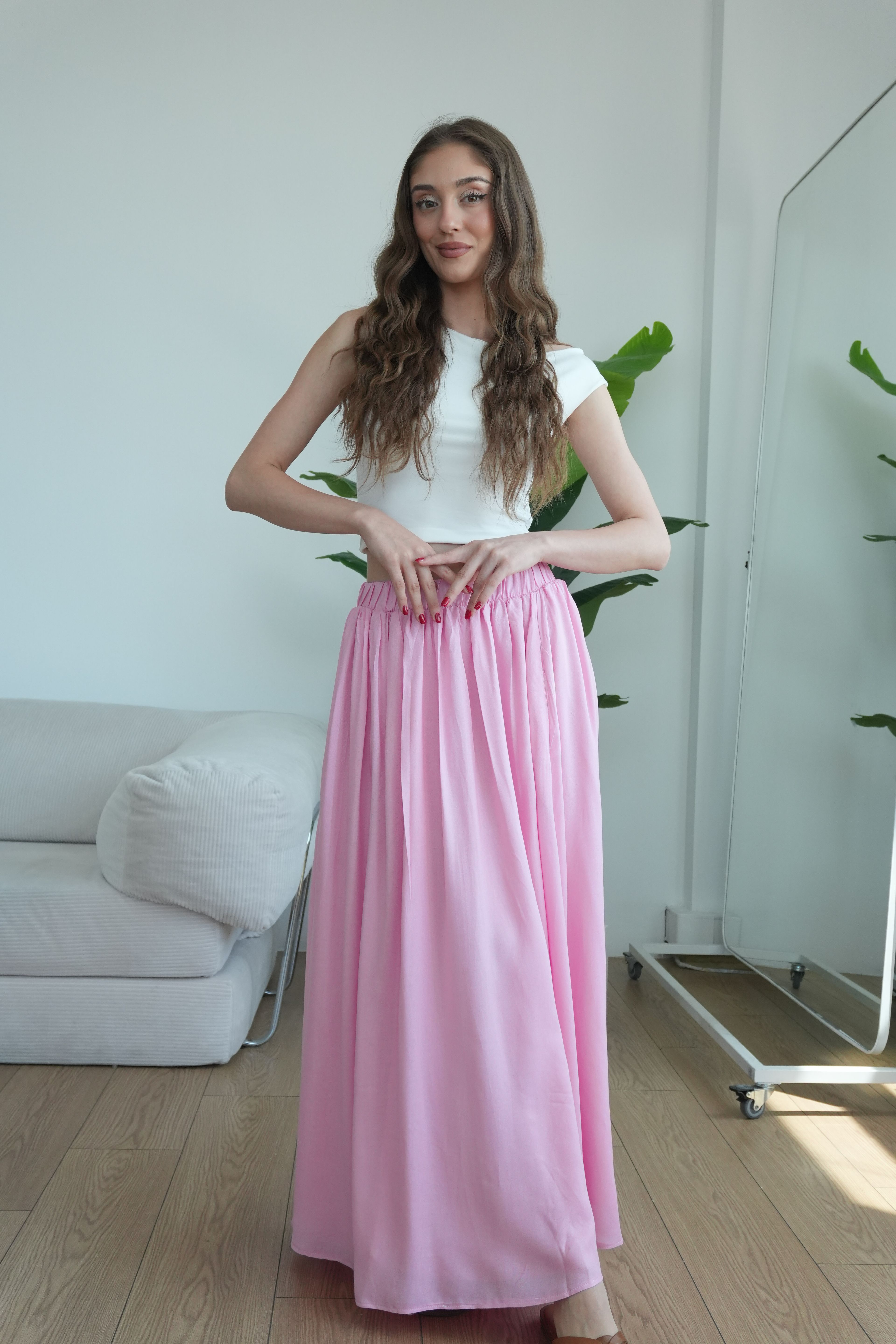 Rose Astarlı Dökümlü Pileli Etek - Pudra Pembe