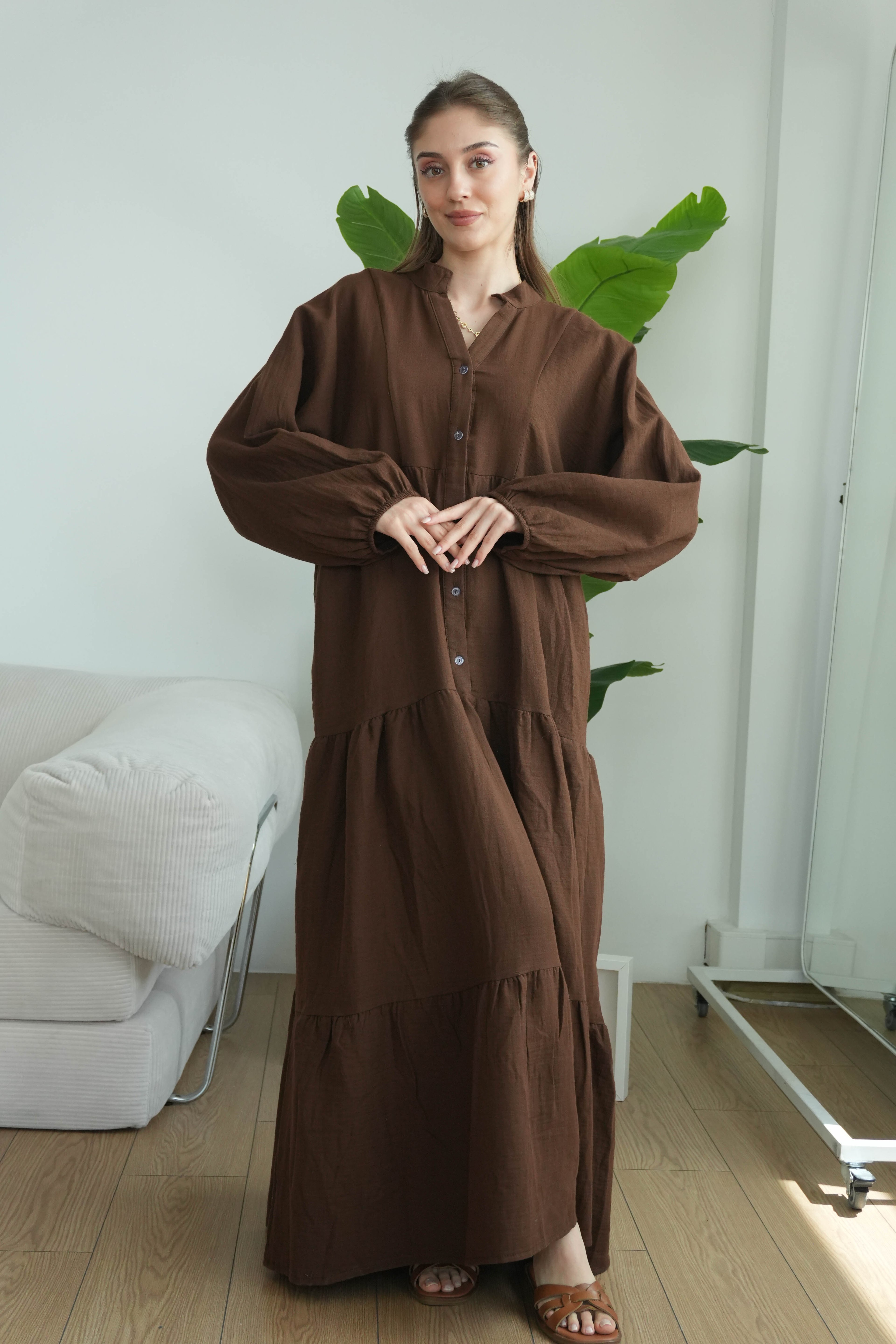 Müslin Oversize Uzun Elbise - Kahverengi