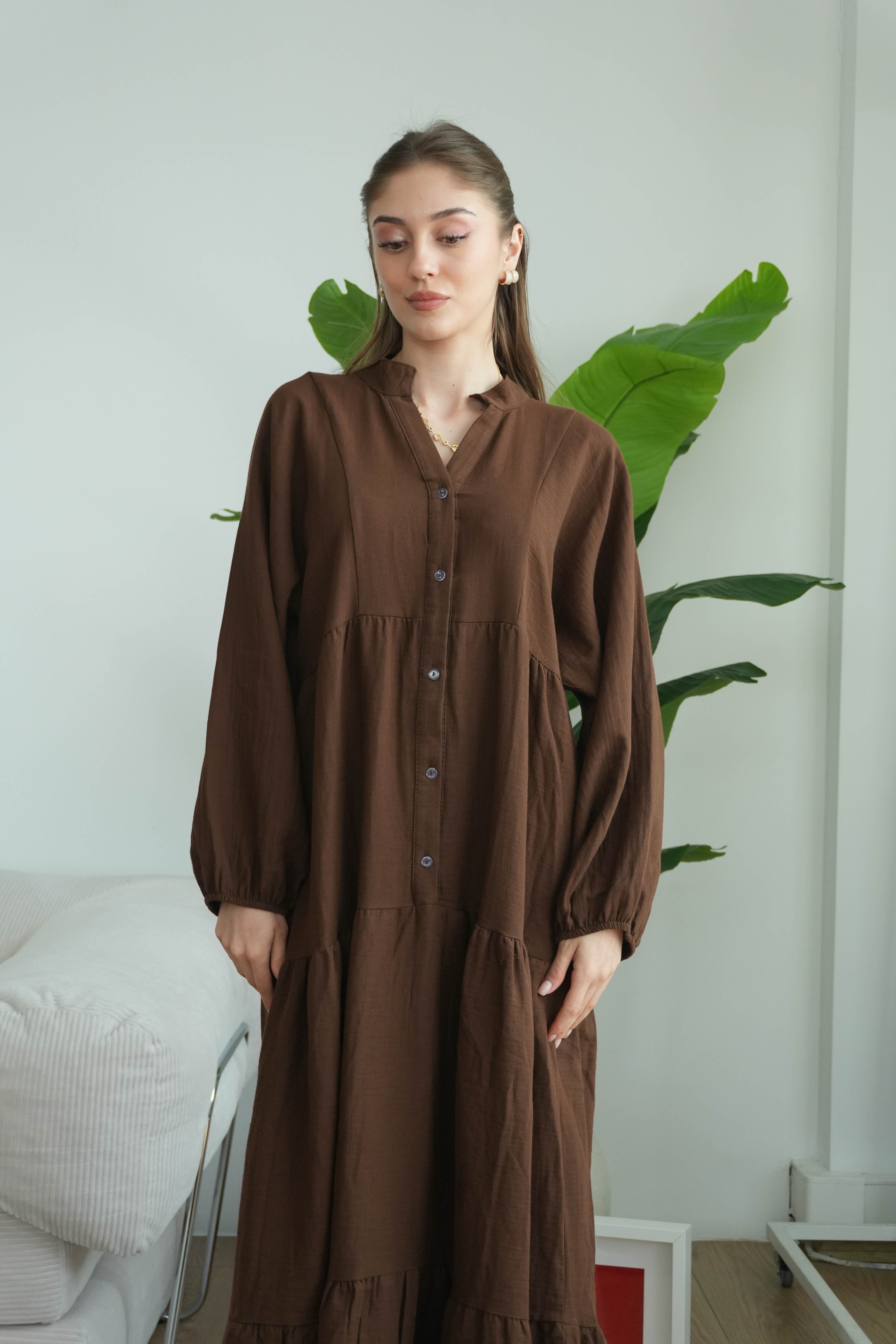 Müslin Oversize Uzun Elbise - Kahverengi