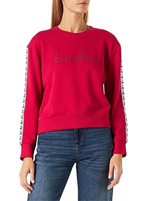 Benetton 3J68D1048 Kadın Sweatshirt - Vişne-Beyaz