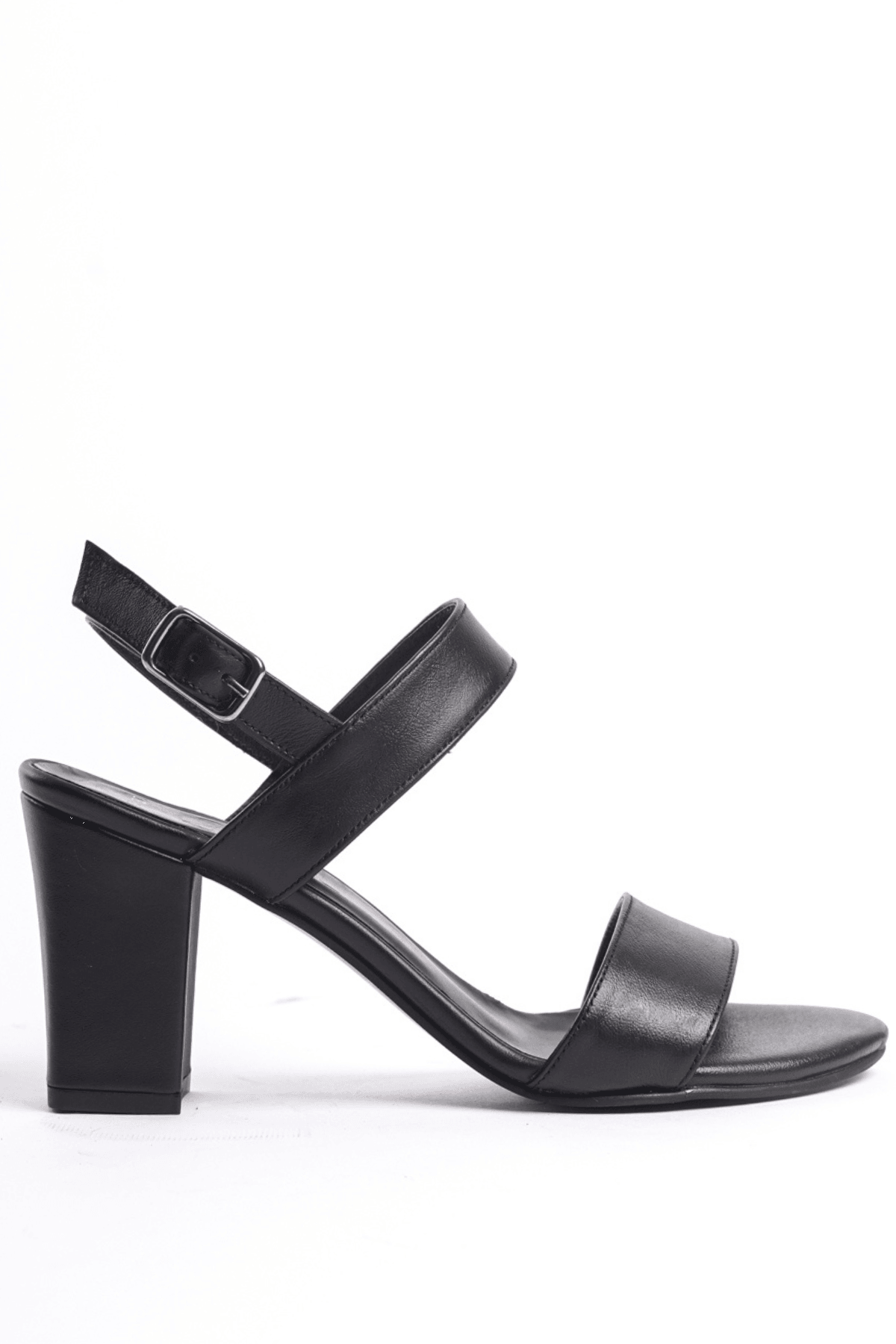 Kadın Hakiki Deri Bantlı Sandalet Kalın Topuklu Ayakkabı - Siyah