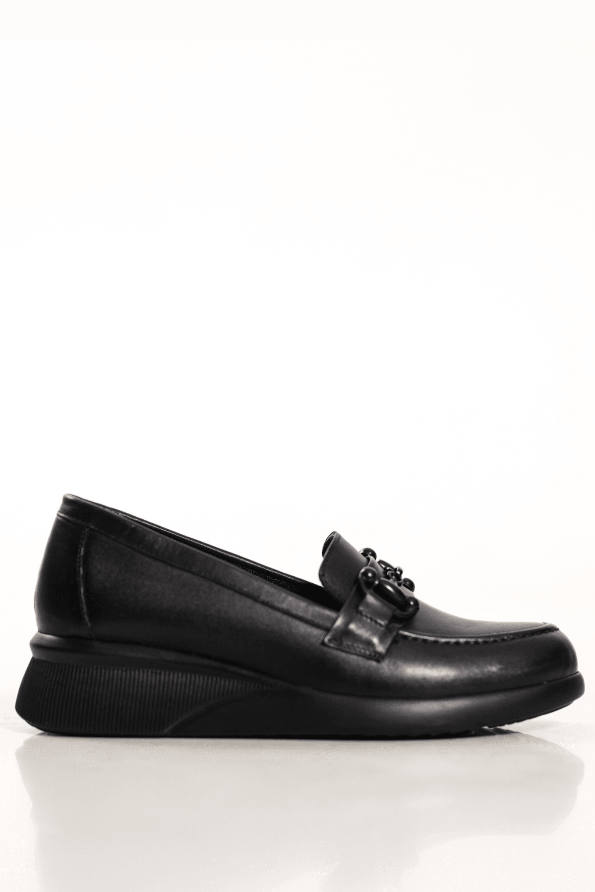 Hakiki Deri Loafer Tokalı Dolgu Topuk Kadın Günlük Ayakkabı - Siyah