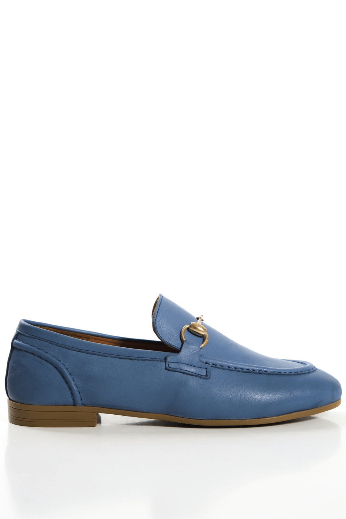 Mavi Hakiki Deri Kadın Loafer Gold Tokalı Babet Makosen Ayakkabı
