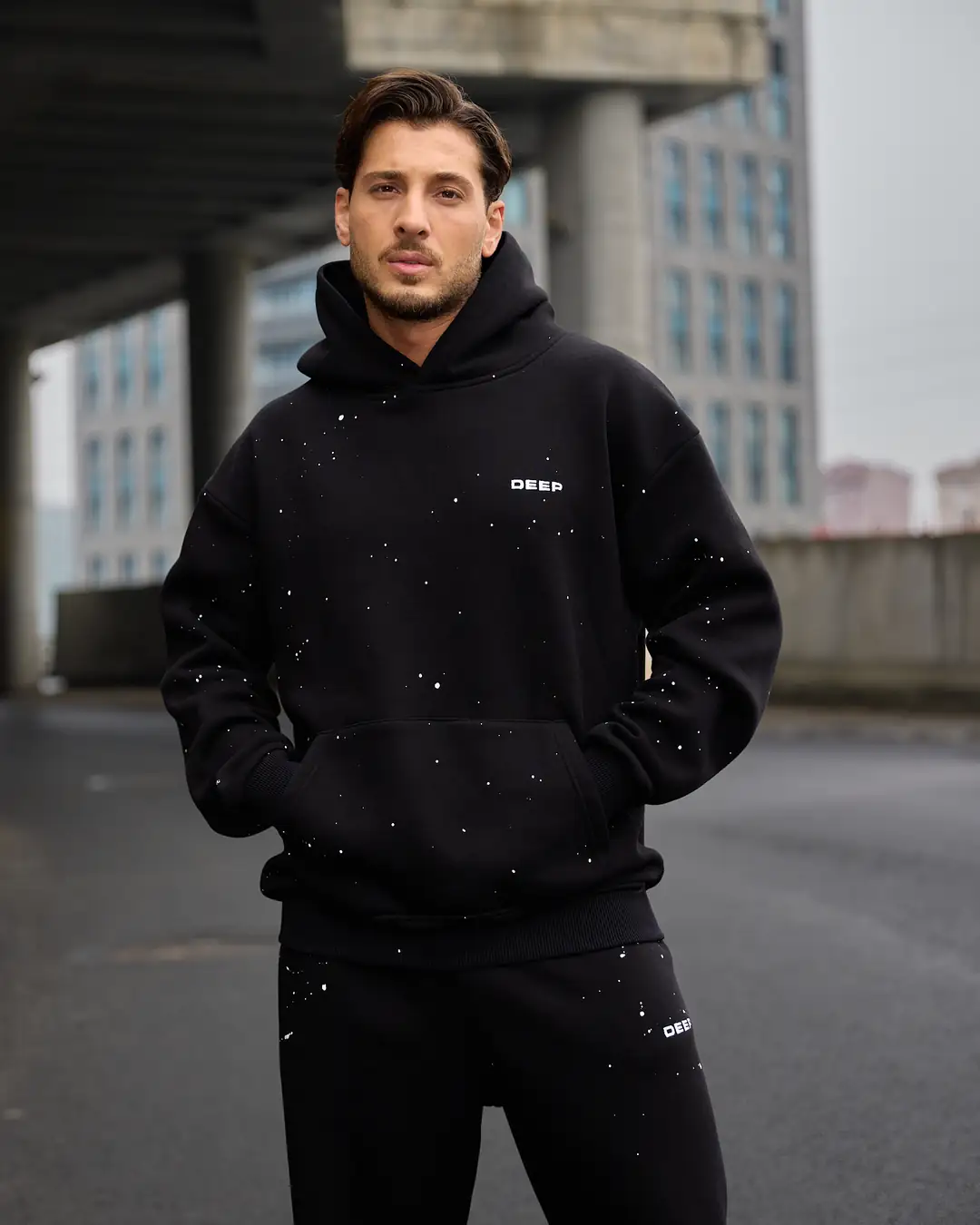 DEEP Premium Oversize Sıçratma Baskılı Hodie SİYAH-Gri