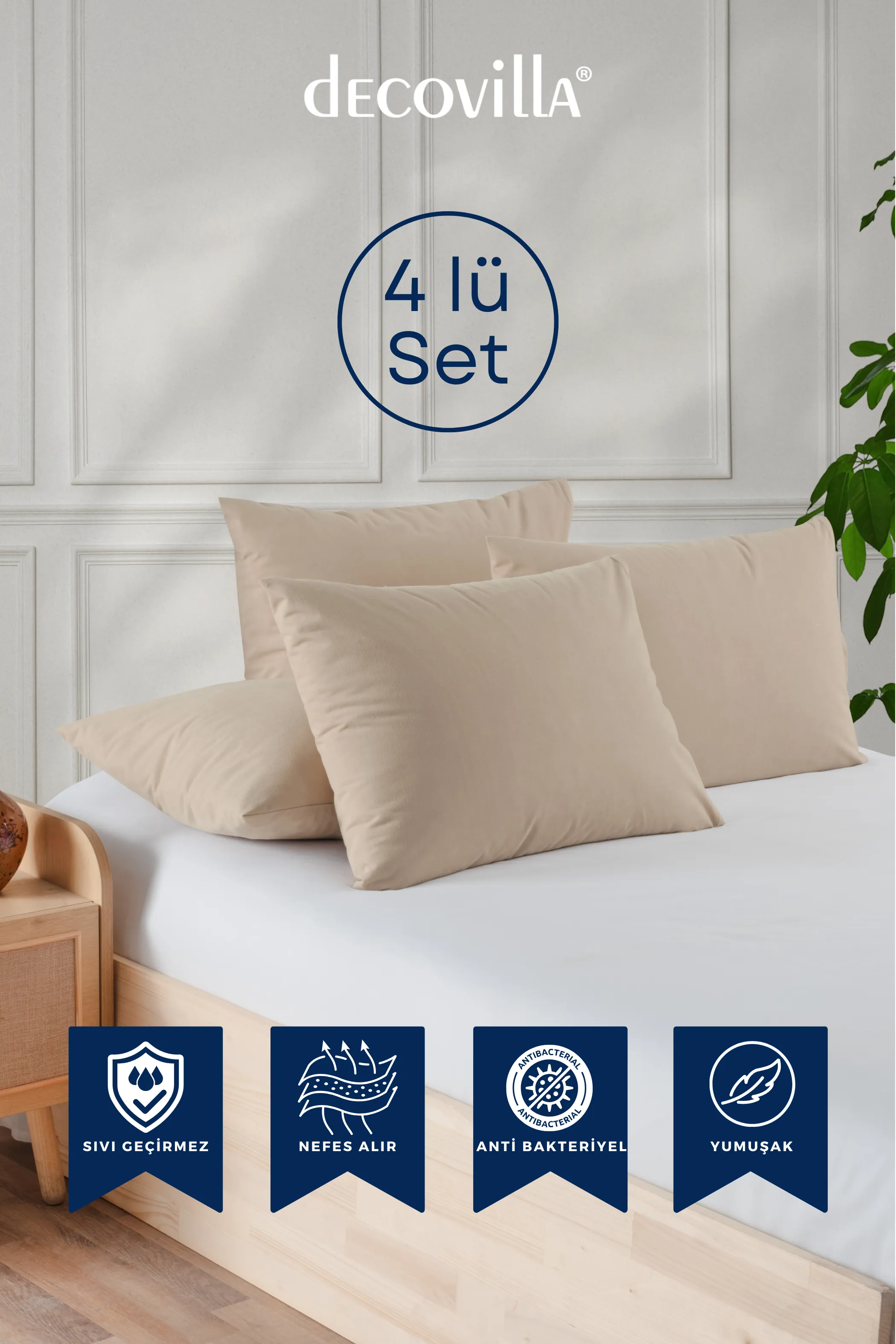 Micro Fermuarlı Yastık Alezi Sıvı Geçirmez 4 lü Set Yastık Koruyucu 50x70 Bej