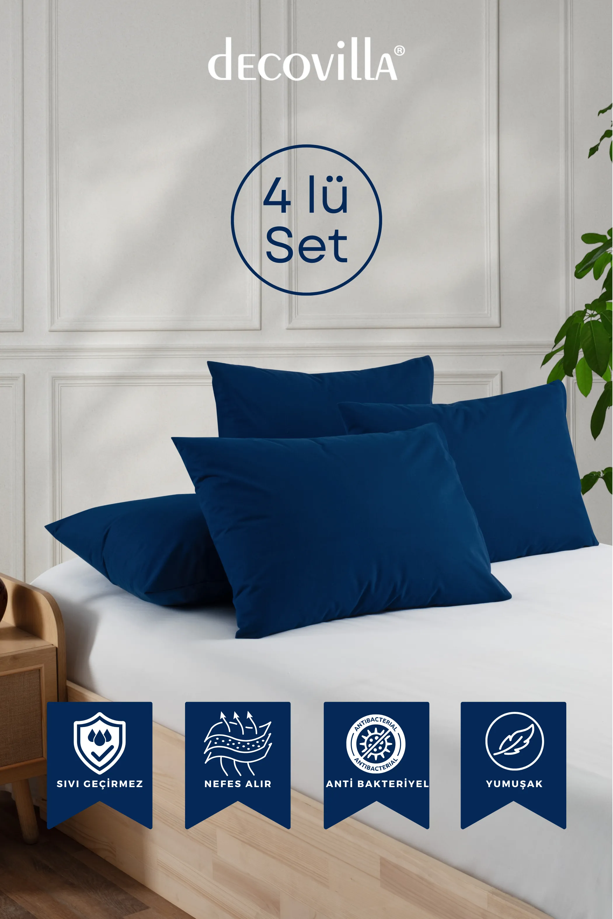 Micro Fermuarlı Yastık Alezi Sıvı Geçirmez 4 lü Set Yastık Koruyucu 50x70 Lacivert