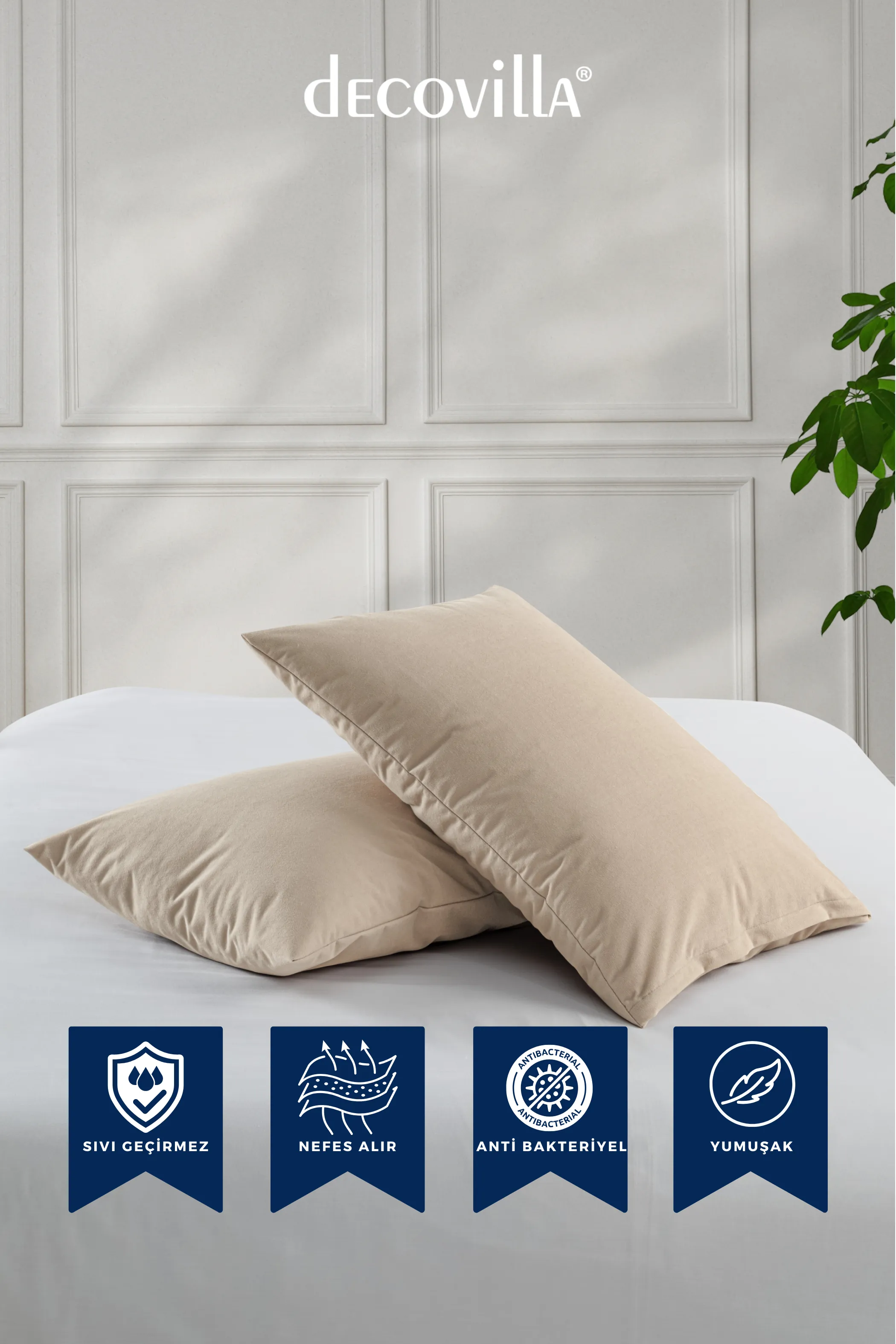 Micro Fermuarlı Yastık Alezi Sıvı Geçirmez 4 lü Set Yastık Koruyucu 50x70 Bej