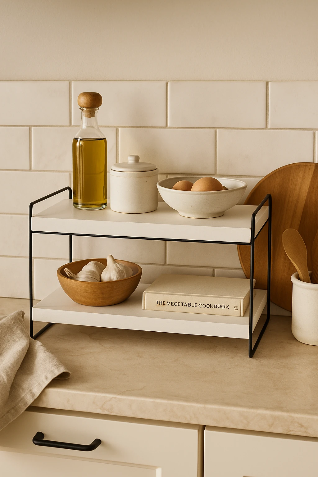 İki Katlı Ahşap Raflı Metal Organizatör | Mutfak & Banyo Düzenleyici