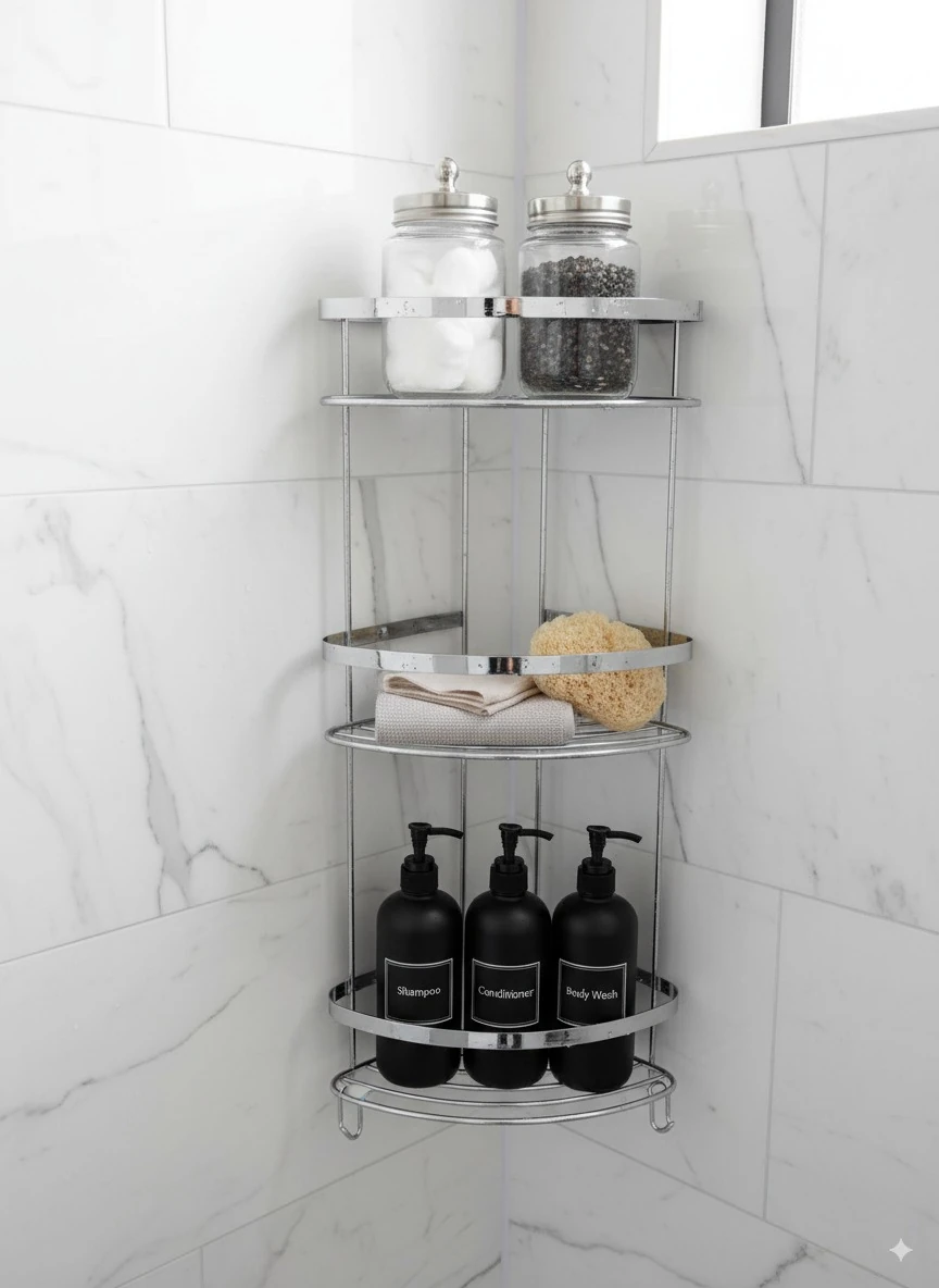 3 Katlı Paslanmaz Çelik Oval Krom Banyo Rafı – Duvara Monte, Şık ve Dayanıklı