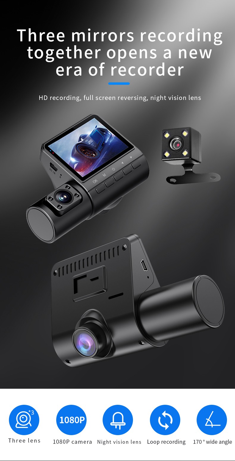 M80 Sınır Ötesi Yeni 2 İnç Üç Kamera Üç Yollu Yüksek Çözünürlüklü Gizli 1080P Araç Kamerası Araba Video Kaydedici