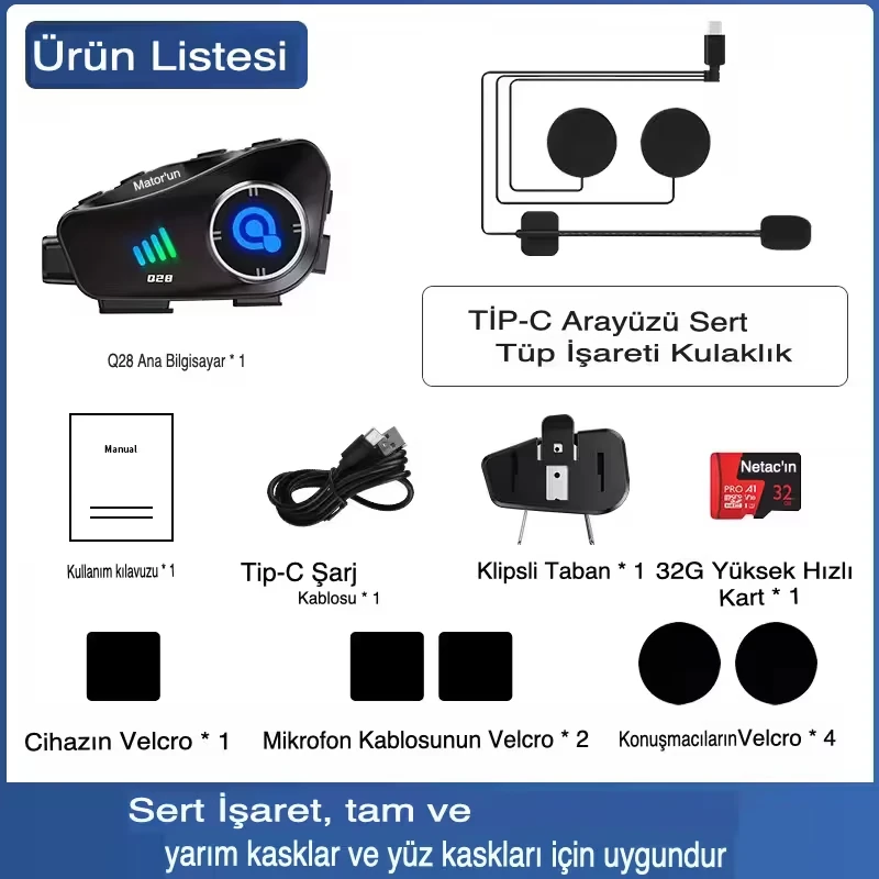 Q28 Kameralı Motosiklet Kask Kulaklığı –  HD 1080P Kayıt İntercom