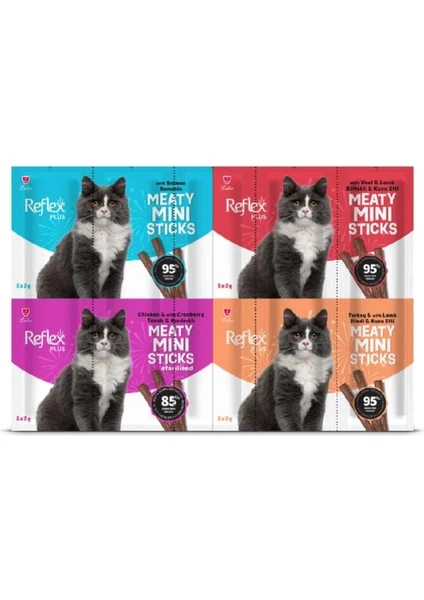 Reflex Plus Mini Mix Kedi Ödül Çubukları – Somon, Kuzu, Biftek, Tavuk 20 x 2