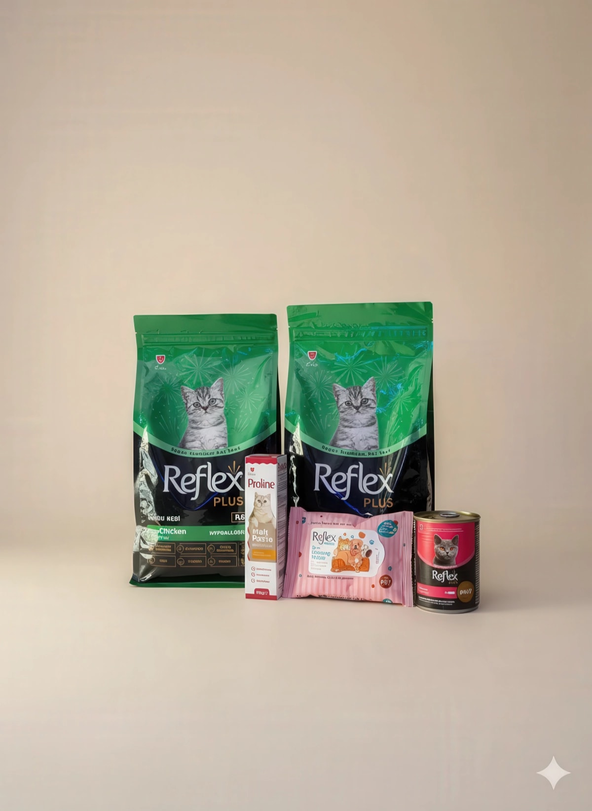 Reflex Plus Yavru Kedi Bakım Seti – 2×1.5 kg Tavuklu Mama + Proline Malt 100 g + Temizleme Mendili + Konserve