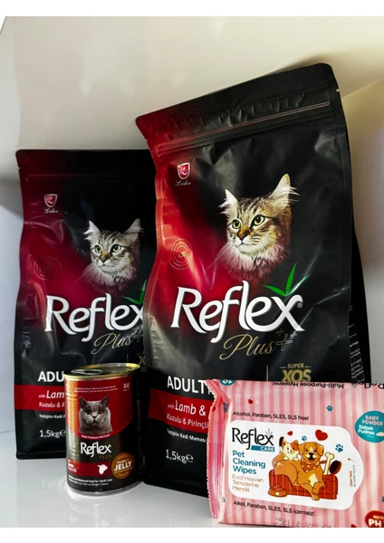 Reflex Plus 2’li Kuzulu & Pirinçli Yetişkin Kedi Maması + Konserve + Temizleme Mendili Seti
