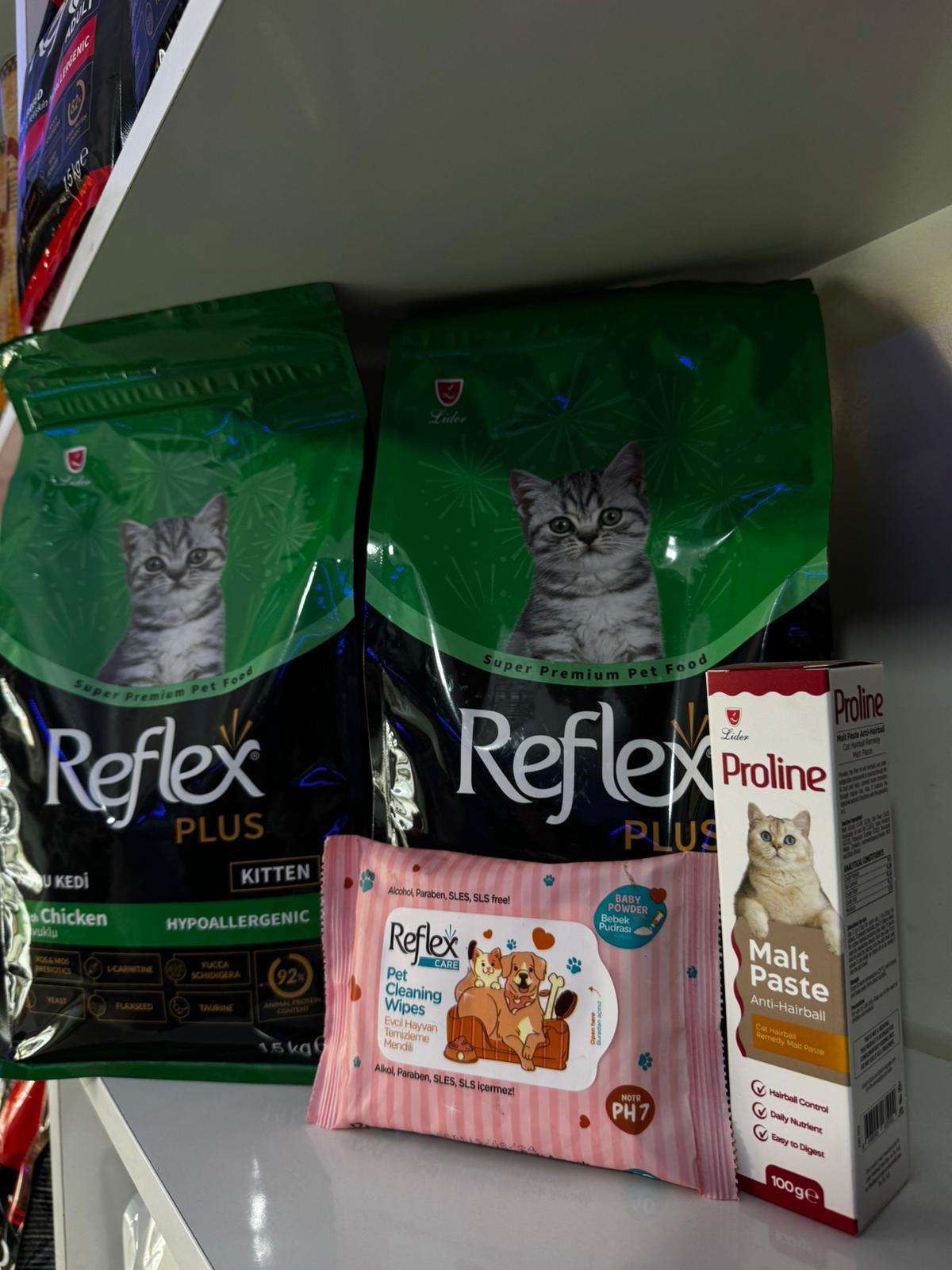 Reflex Plus Yavru Kedi Bakım Seti – 2×1.5 kg Tavuklu Mama + Proline Malt 100 g + Temizleme Mendili