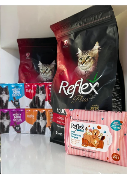 REFLEX PLUS YETİŞKİN KUZU ETLİ 1.50  KEDİ KURU MAMA  ÖDÜL MAMASI ISLAK MENDİL