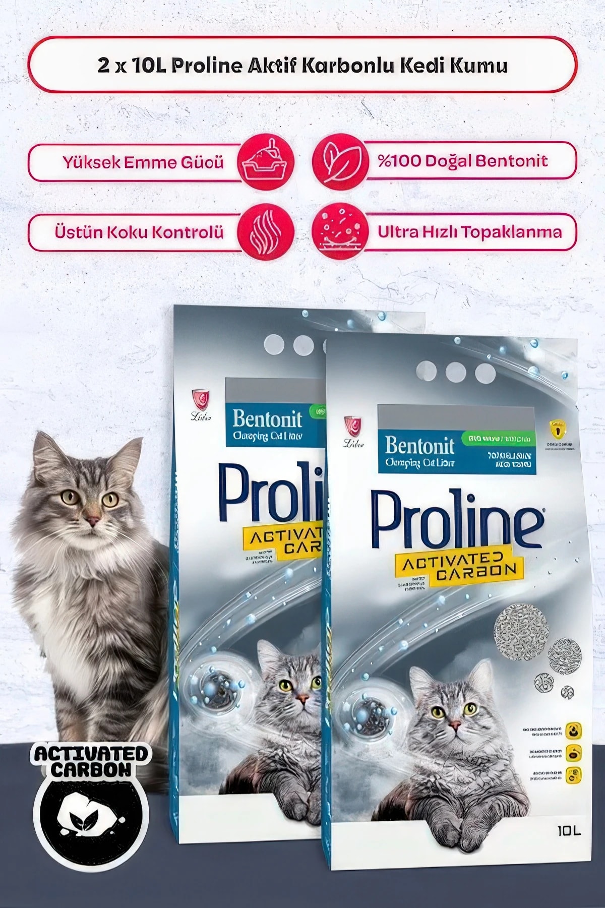 Proline Aktif Karbonlu Bentonit Kedi Kumu 10 L x 2 (Toplam 20 L)