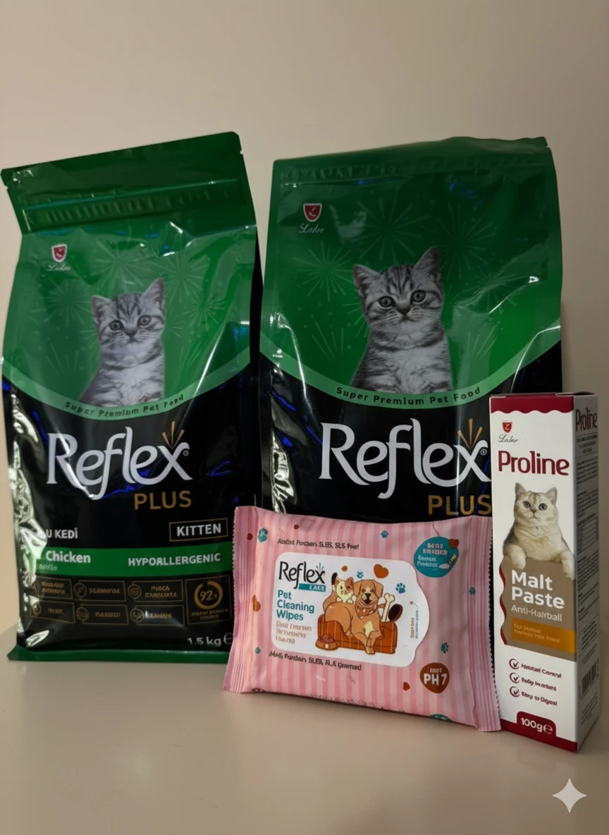 Reflex Plus Yavru Kedi Bakım Seti – 2×1.5 kg Tavuklu Mama + Proline Malt 100 g + Temizleme Mendili