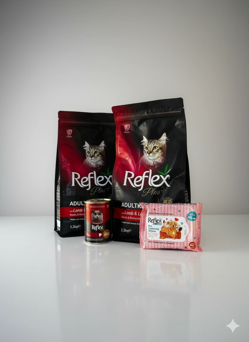 Reflex Plus 2’li Kuzulu & Pirinçli Yetişkin Kedi Maması + Konserve + Temizleme Mendili Seti