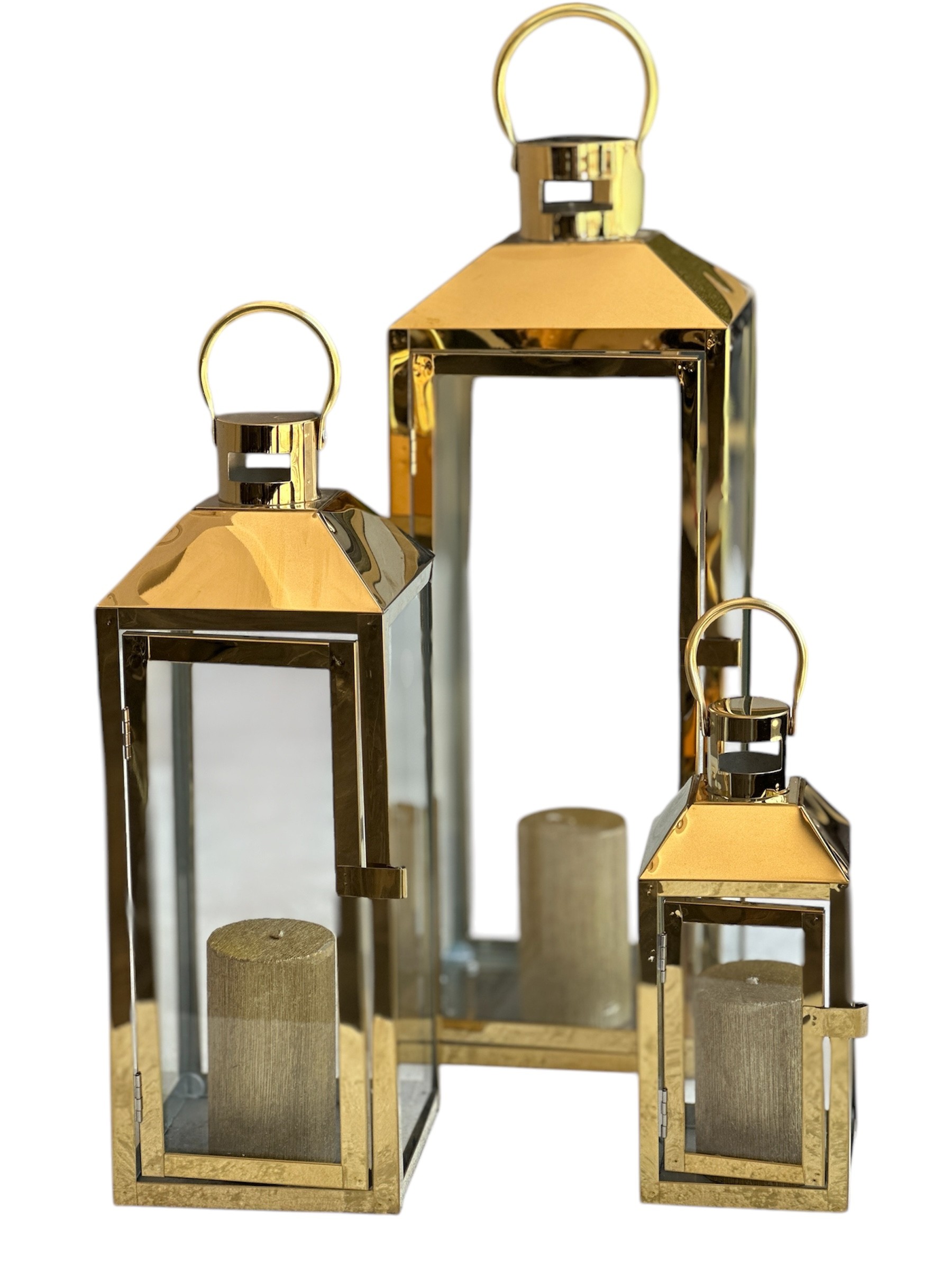 Gold Metal Şeffaf Camlı Üçlü Fener 