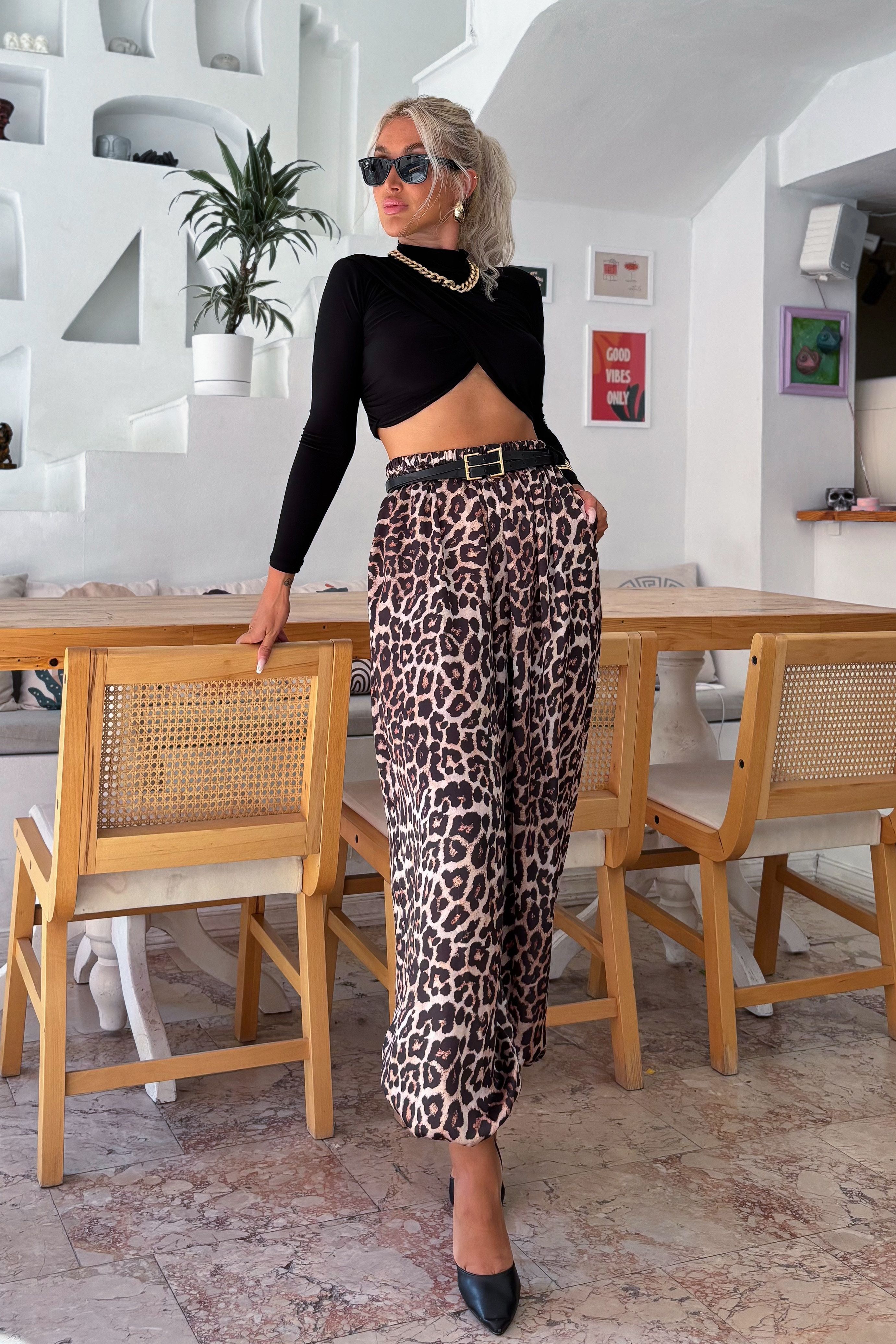 Saten Leopar Şalvar Pantolon
