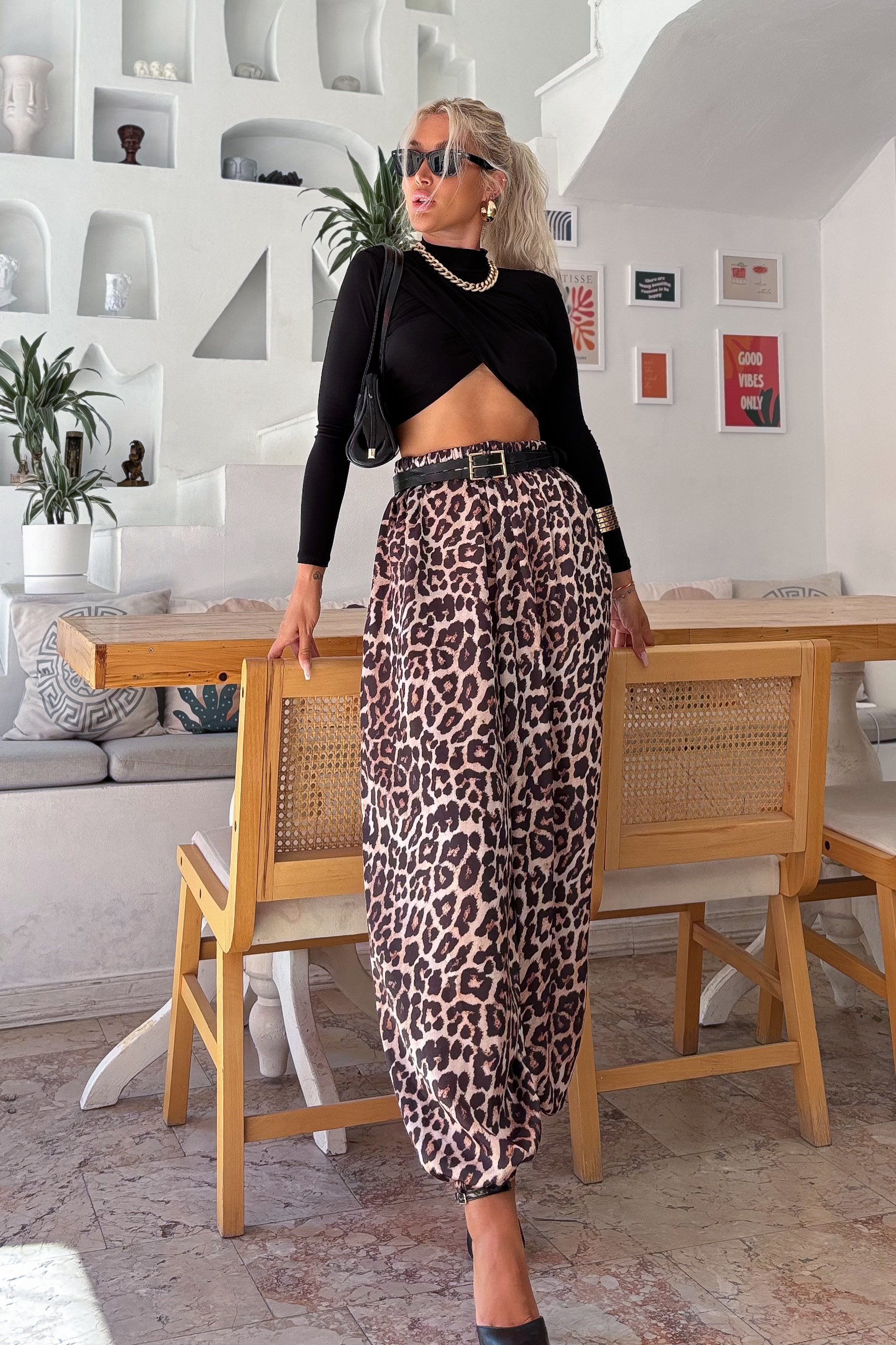 Saten Leopar Şalvar Pantolon
