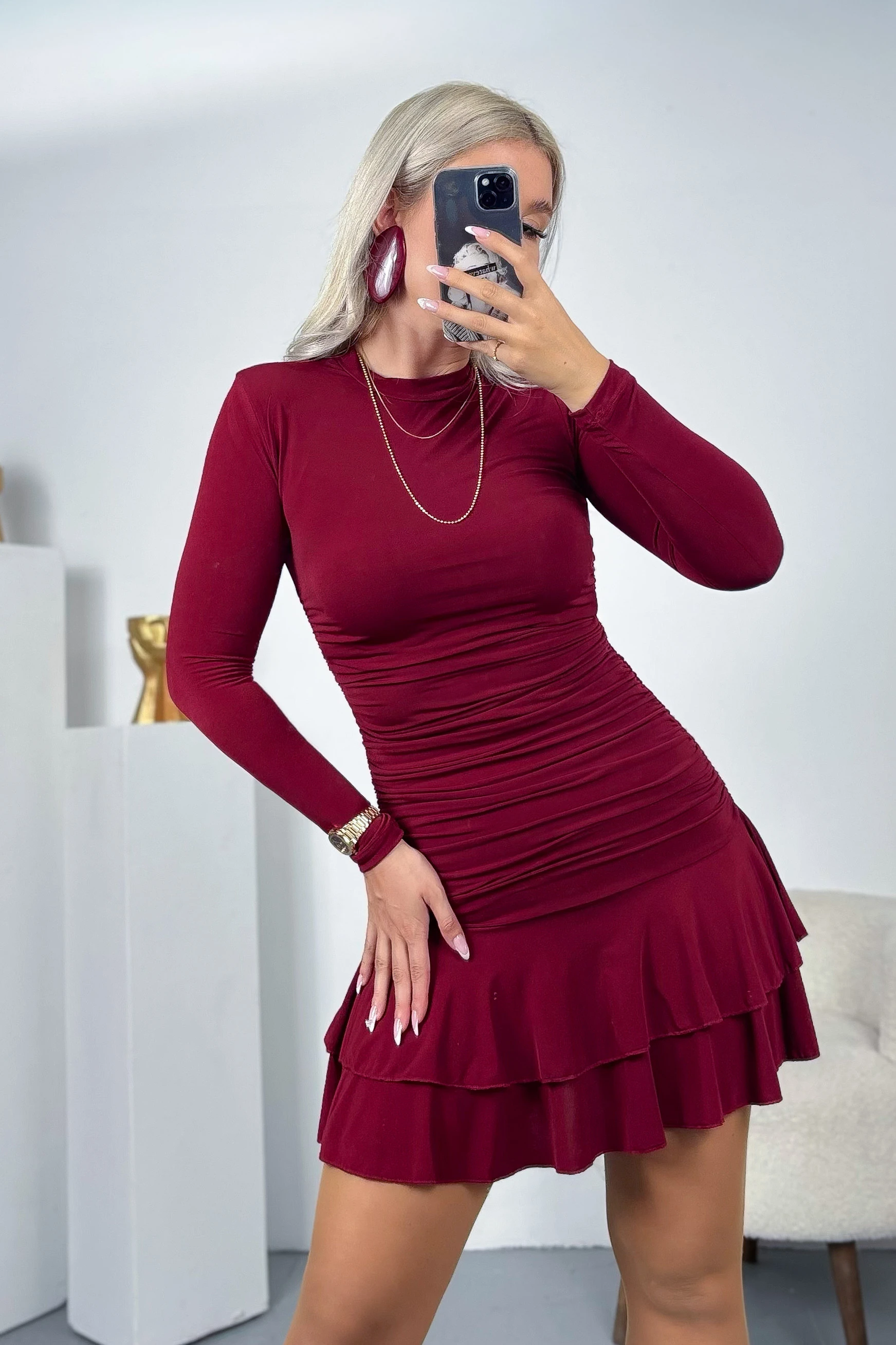 Full Drape Detay Elbise - Bordo