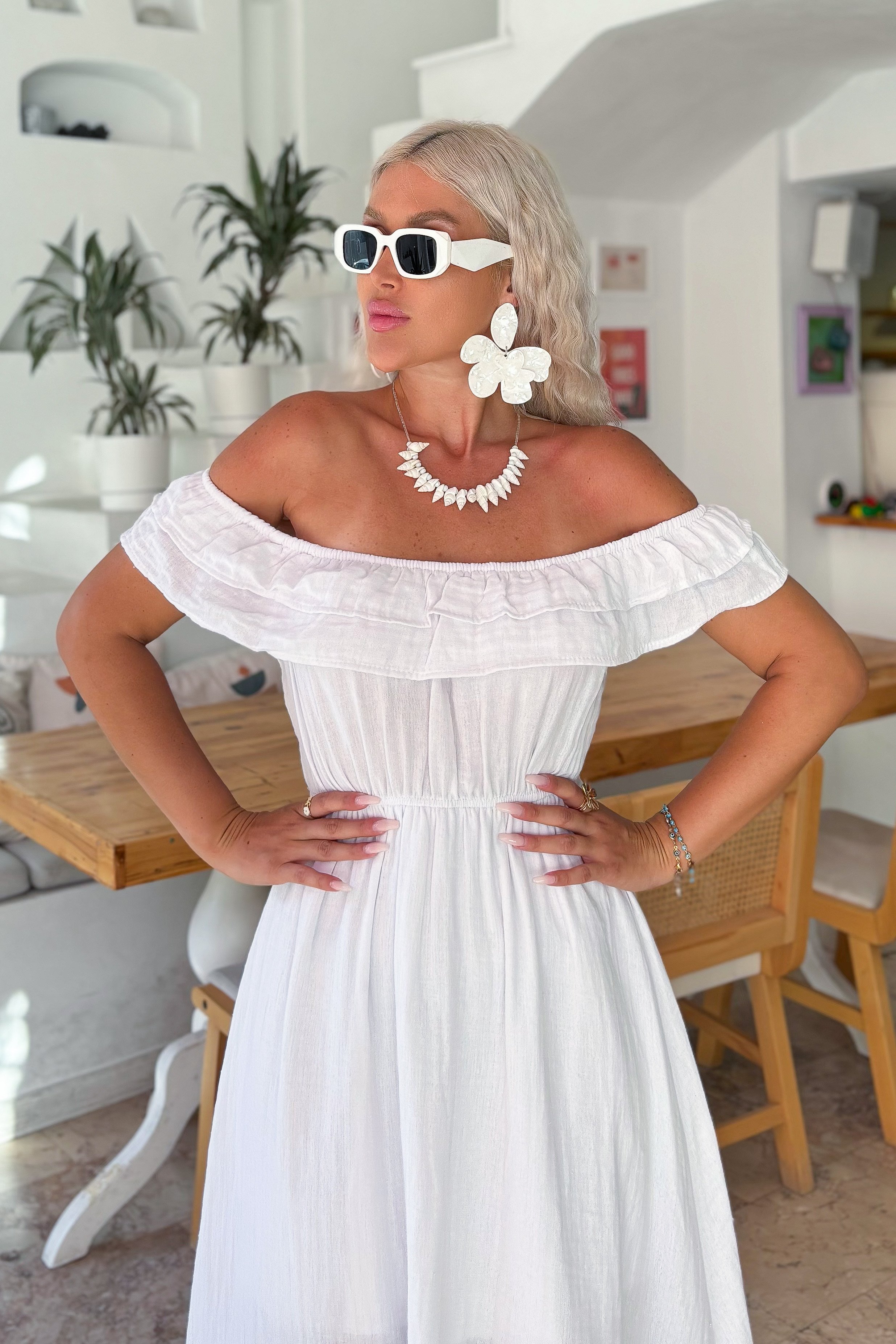 Sindy Keten Elbise - Beyaz